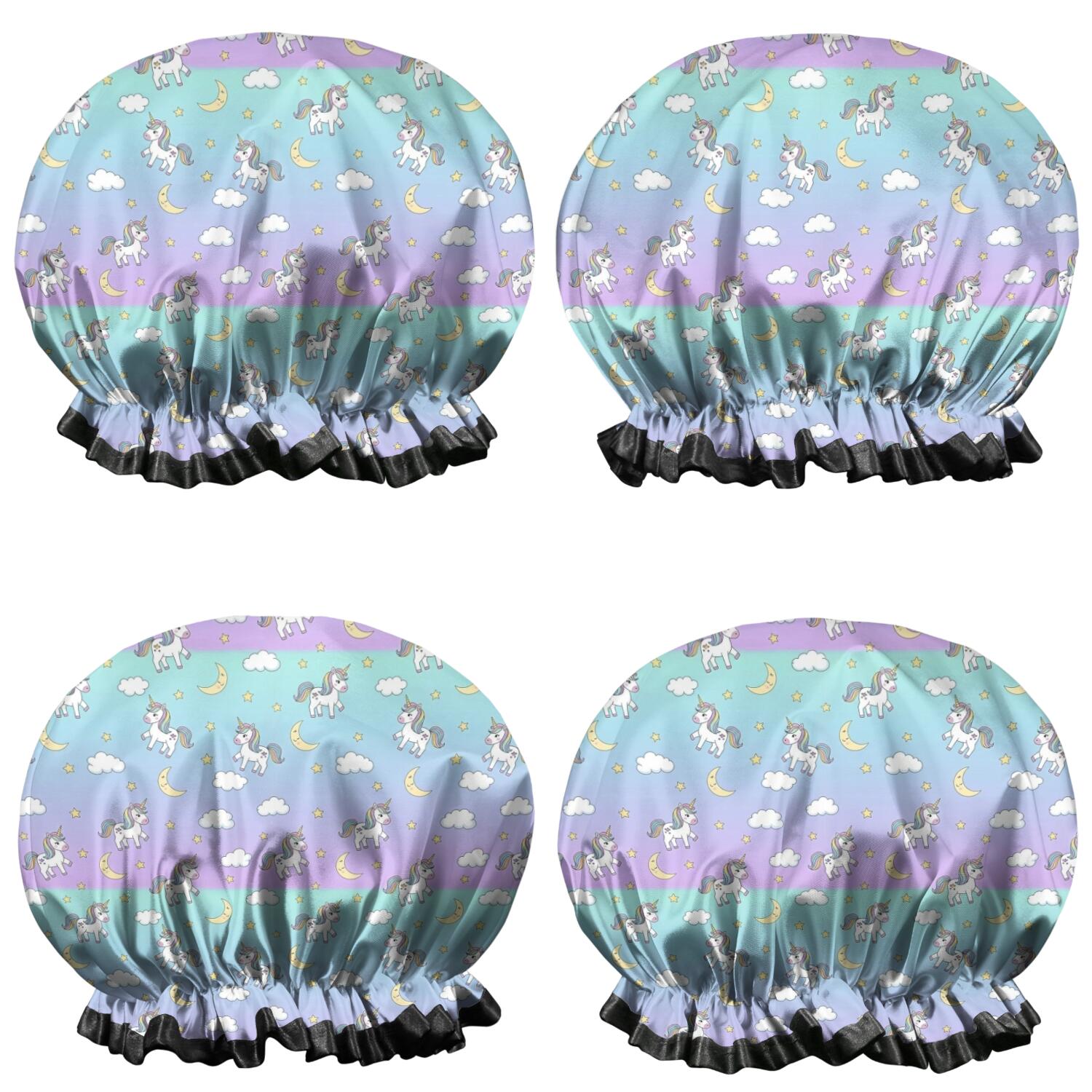 Shower Caps,Striped Cartoon Unicorn Moon Star Cloud Pattern Waterproof Shower Cap for Women 4 Pieces,Double Reusable Hair Cover for Shower PEVA Elastic Stretch Hem