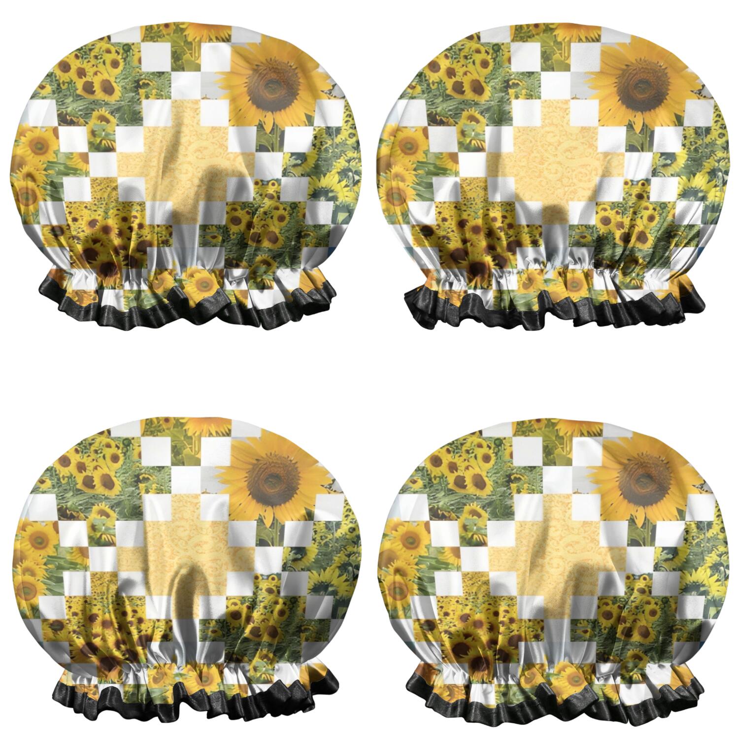 Shower Caps,Sunflower Checkered Pattern Waterproof Shower Cap for Women 4 Pieces,Double Reusable Hair Cover for Shower PEVA Elastic Stretch Hem