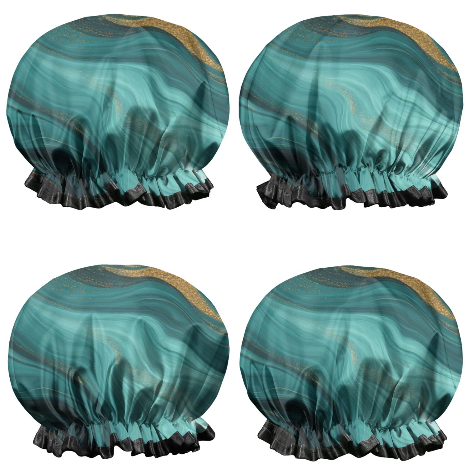 Shower Caps,Teal and Gold Marble Glitter Waves Pattern Waterproof Shower Cap for Women 4 Pieces,Double Reusable Hair Cover for Shower PEVA Elastic Stretch Hem