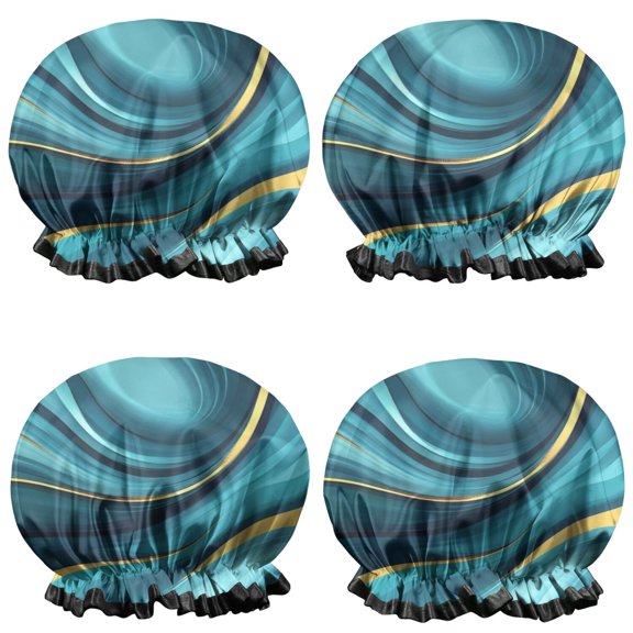 Shower Caps,Teal and Gold Marble Splatter Pattern Waterproof Shower Cap for Women 4 Pieces,Double Reusable Hair Cover for Shower PEVA Elastic Stretch Hem
