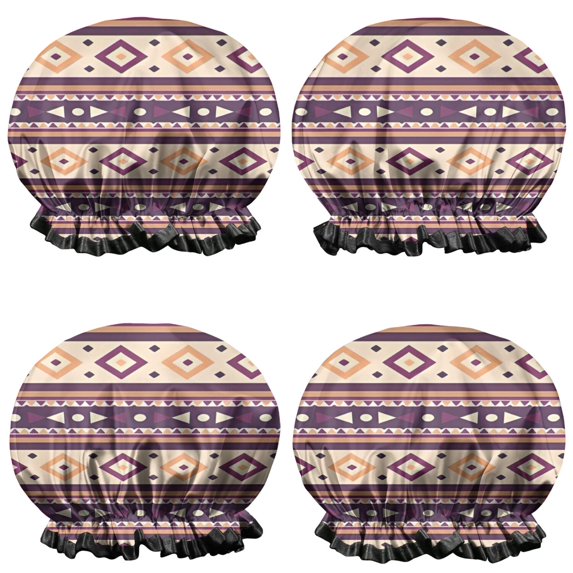 Shower Caps,Teal Triangular and Diamond Shaped Geometric Boho Waterproof Shower Cap for Women 4 Pieces,Double Reusable Hair Cover for Shower PEVA Elastic Stretch Hem