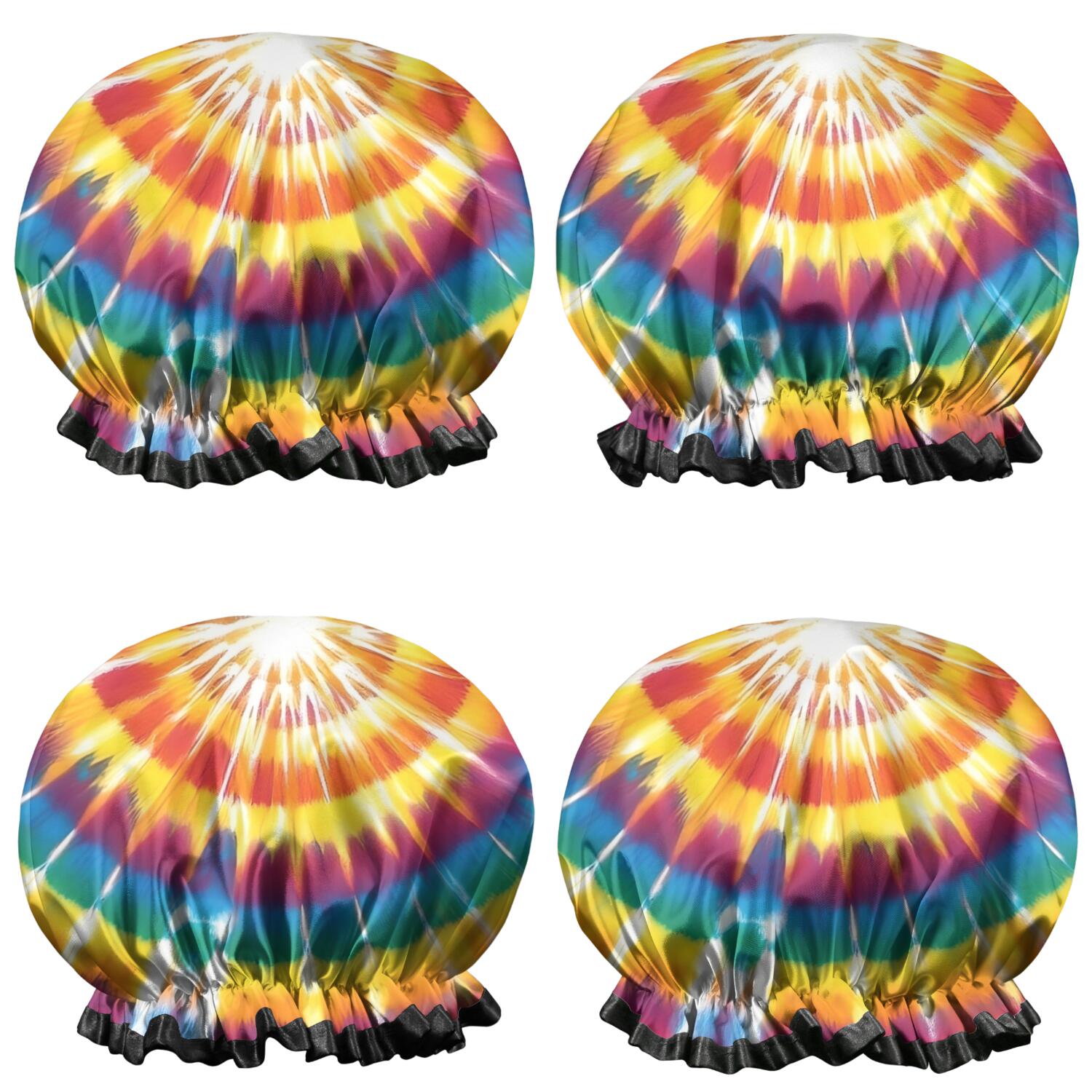 Shower Caps,Tie Dye Color Burst Pattern Waterproof Shower Cap for Women 4 Pieces,Double Reusable Hair Cover for Shower PEVA Elastic Stretch Hem