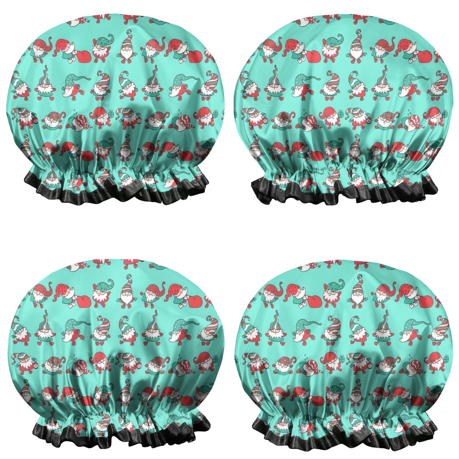 Shower Caps,Turquoise Christmas Gnome Pattern Waterproof Shower Cap for Women 4 Pieces,Double Reusable Hair Cover for Shower PEVA Elastic Stretch Hem