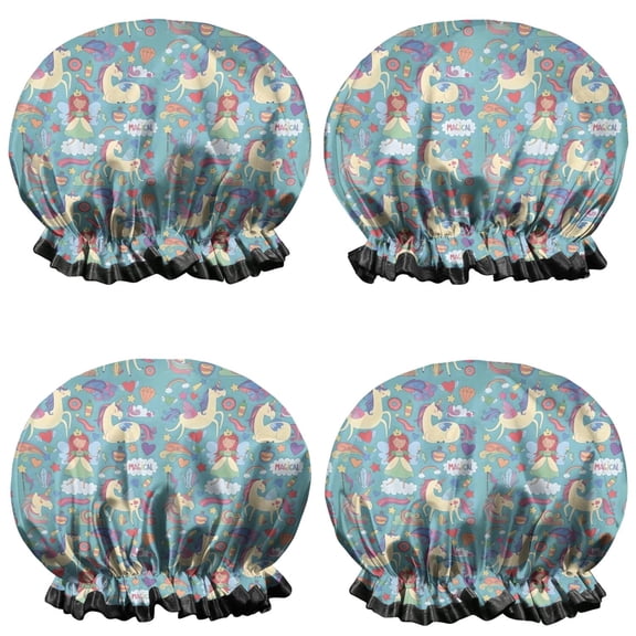 Shower Caps,Turquoise Unicorn Magical Pattern Waterproof Shower Cap for Women 4 Pieces,Double Reusable Hair Cover for Shower PEVA Elastic Stretch Hem