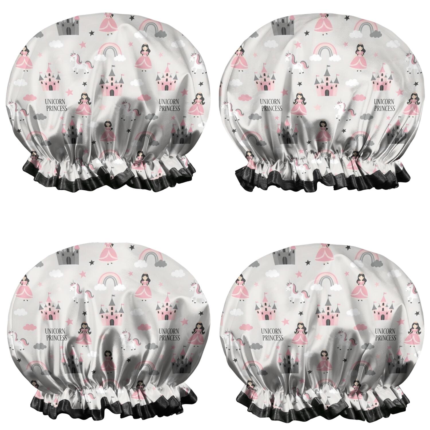 Shower Caps,Unicorn Princess Castle Pattern Waterproof Shower Cap for Women 4 Pieces,Double Reusable Hair Cover for Shower PEVA Elastic Stretch Hem