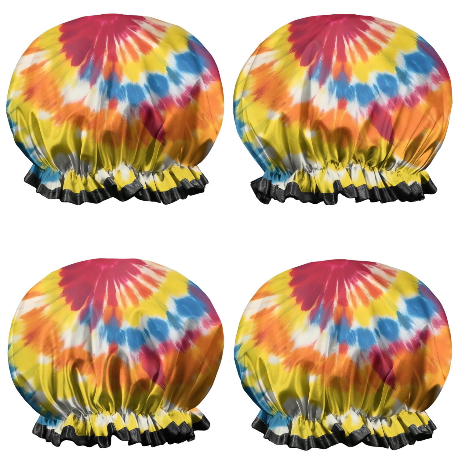 Shower Caps,Vibrant Tie Dye Spiral Waterproof Shower Cap for Women 4 Pieces,Double Reusable Hair Cover for Shower PEVA Elastic Stretch Hem