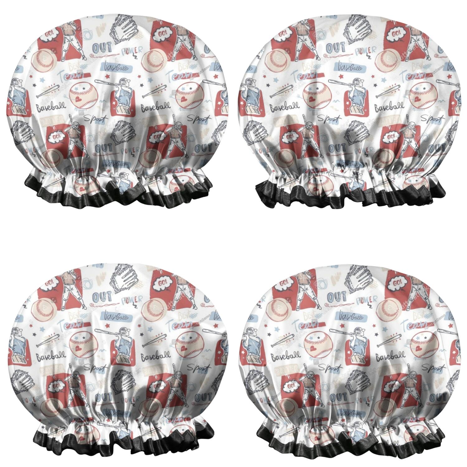 Shower Caps,Vintage Baseball Elements Pattern Waterproof Shower Cap for Women 4 Pieces,Double Reusable Hair Cover for Shower PEVA Elastic Stretch Hem