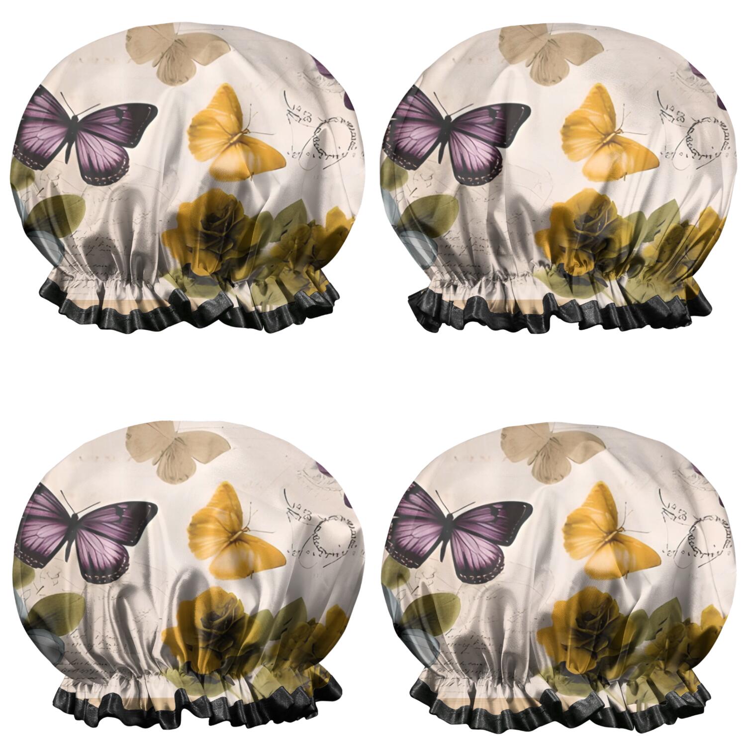 Shower Caps,Vintage Butterfly Flower Pattern Waterproof Shower Cap for Women 4 Pieces,Double Reusable Hair Cover for Shower PEVA Elastic Stretch Hem