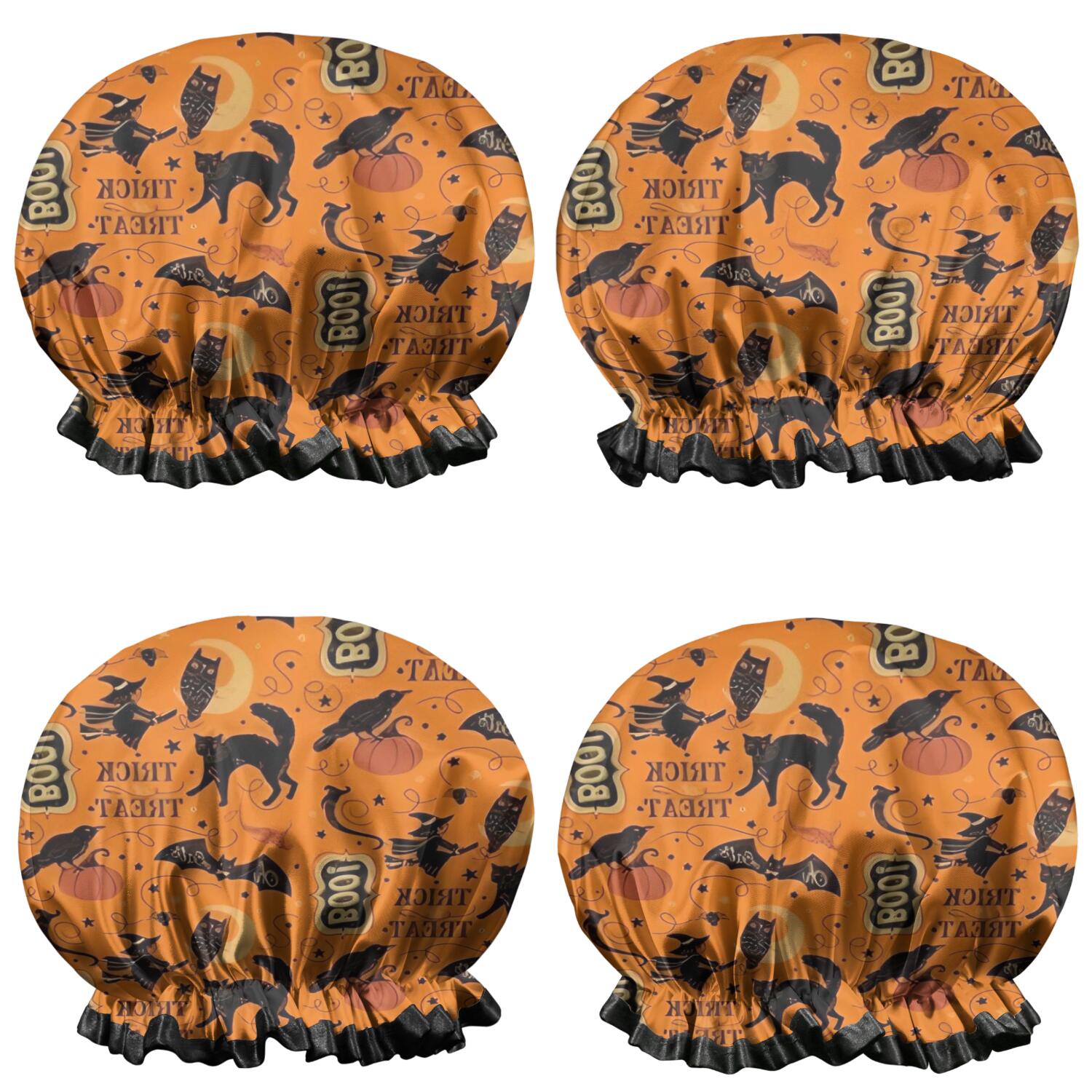 Shower Caps,Vintage Halloween Elements Pattern Waterproof Shower Cap for Women 4 Pieces,Double Reusable Hair Cover for Shower PEVA Elastic Stretch Hem