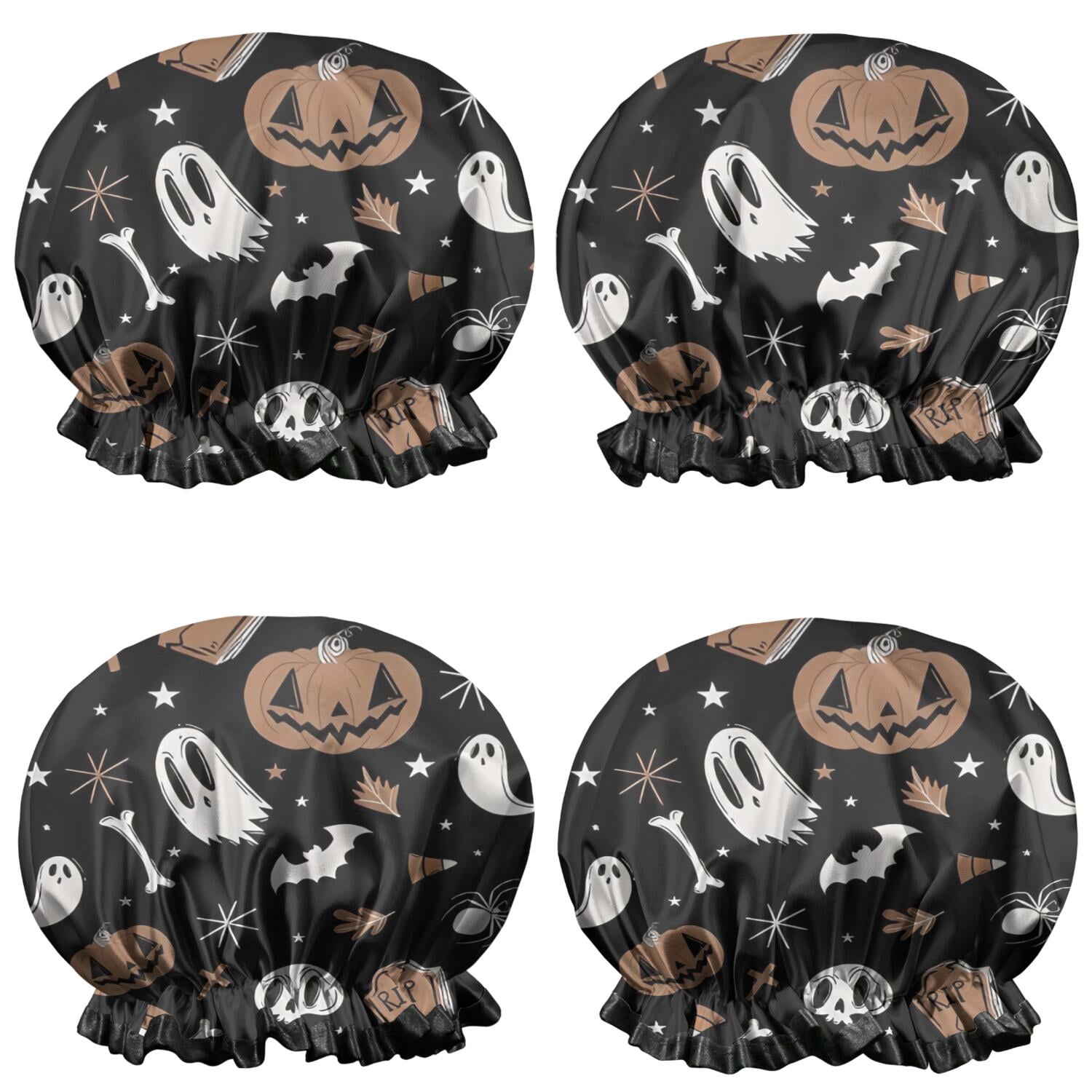 Shower Caps,Vintage Halloween Pattern Waterproof Shower Cap for Women 4 Pieces,Double Reusable Hair Cover for Shower PEVA Elastic Stretch Hem