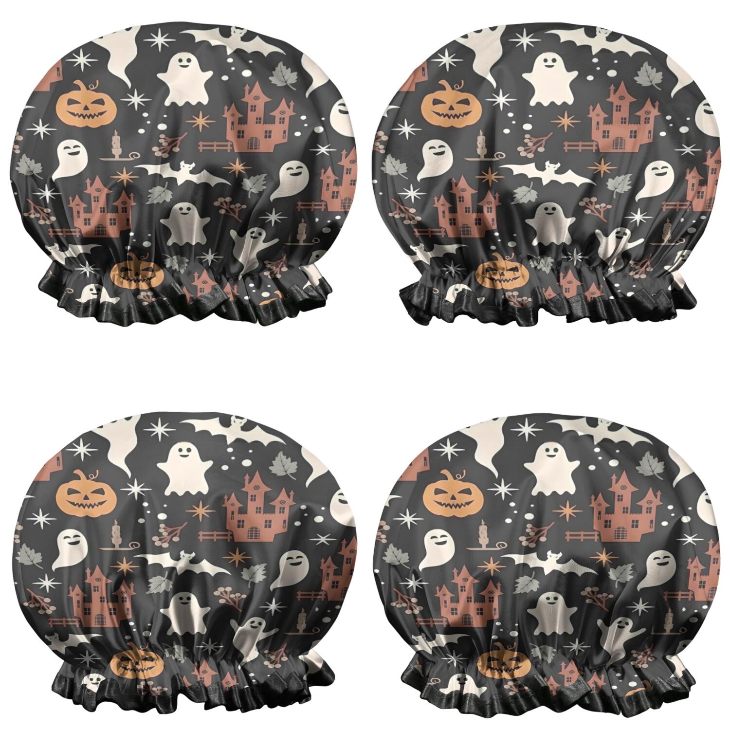 Shower Caps,Vintage Halloween Scene Pattern Waterproof Shower Cap for Women 4 Pieces,Double Reusable Hair Cover for Shower PEVA Elastic Stretch Hem