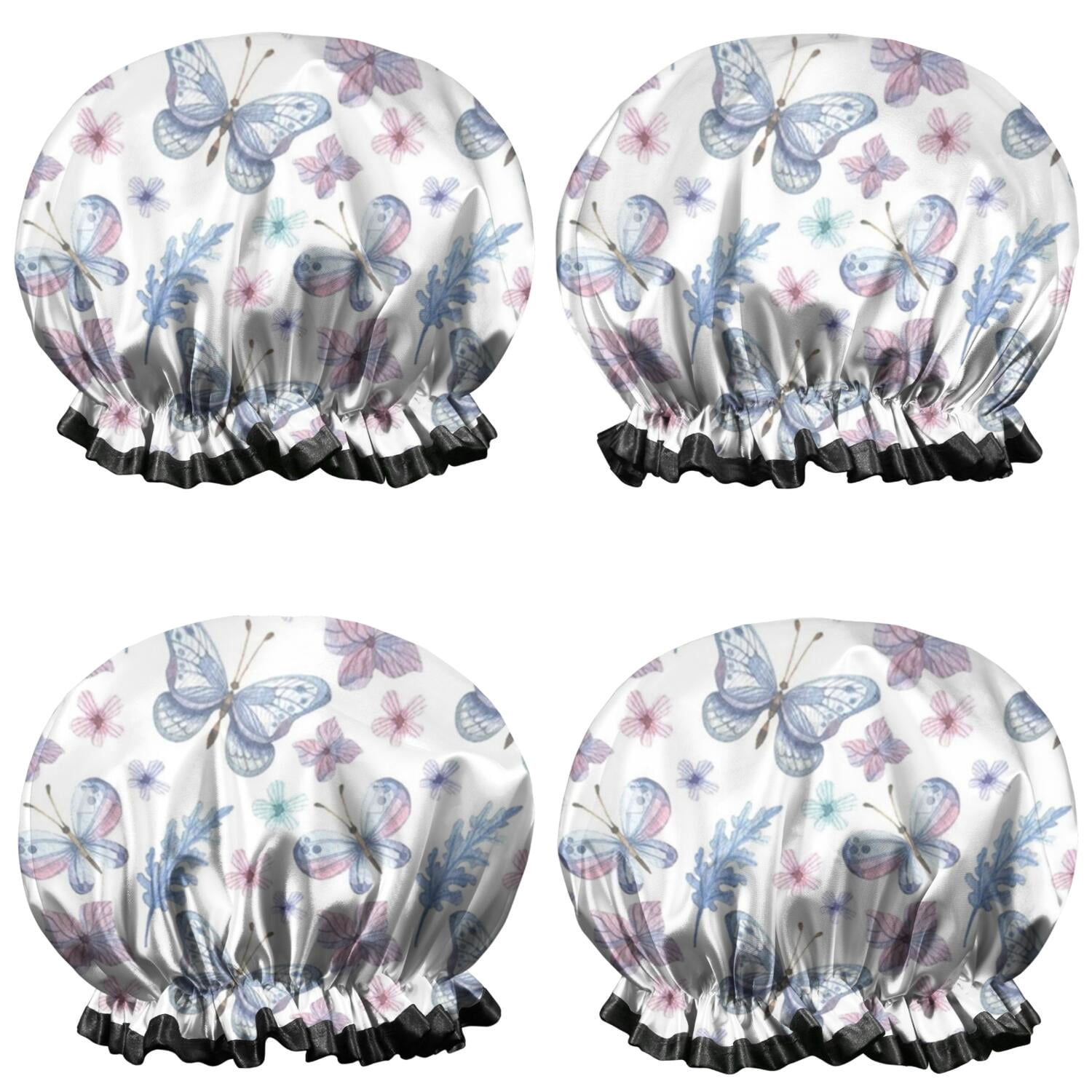 Shower Caps,Watercolor Butterfly Flower Leaf White Pattern Waterproof Shower Cap for Women 4 Pieces,Double Reusable Hair Cover for Shower PEVA Elastic Stretch Hem