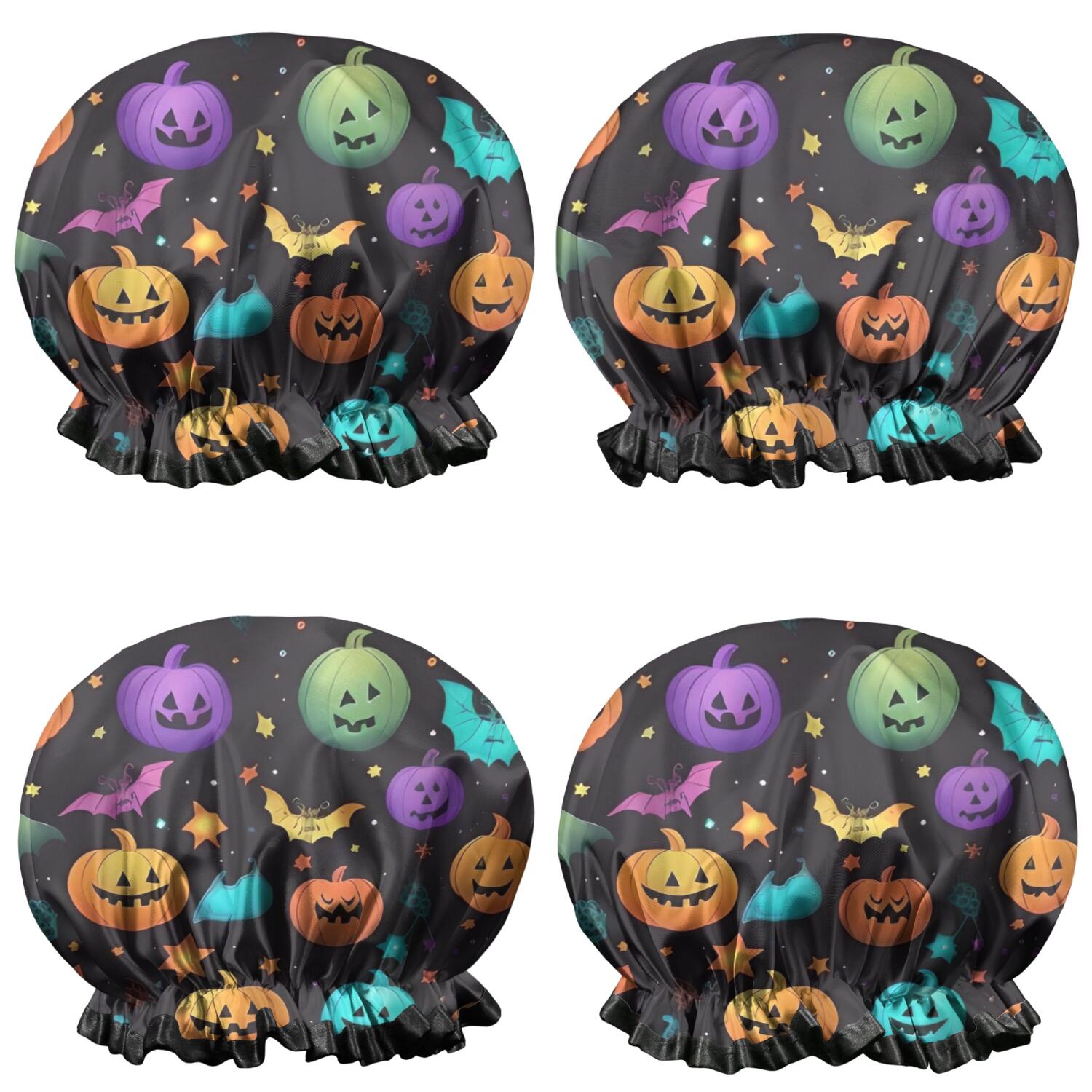 Shower Caps,Whimsical Halloween Pattern Waterproof Shower Cap for Women 4 Pieces,Double Reusable Hair Cover for Shower PEVA Elastic Stretch Hem