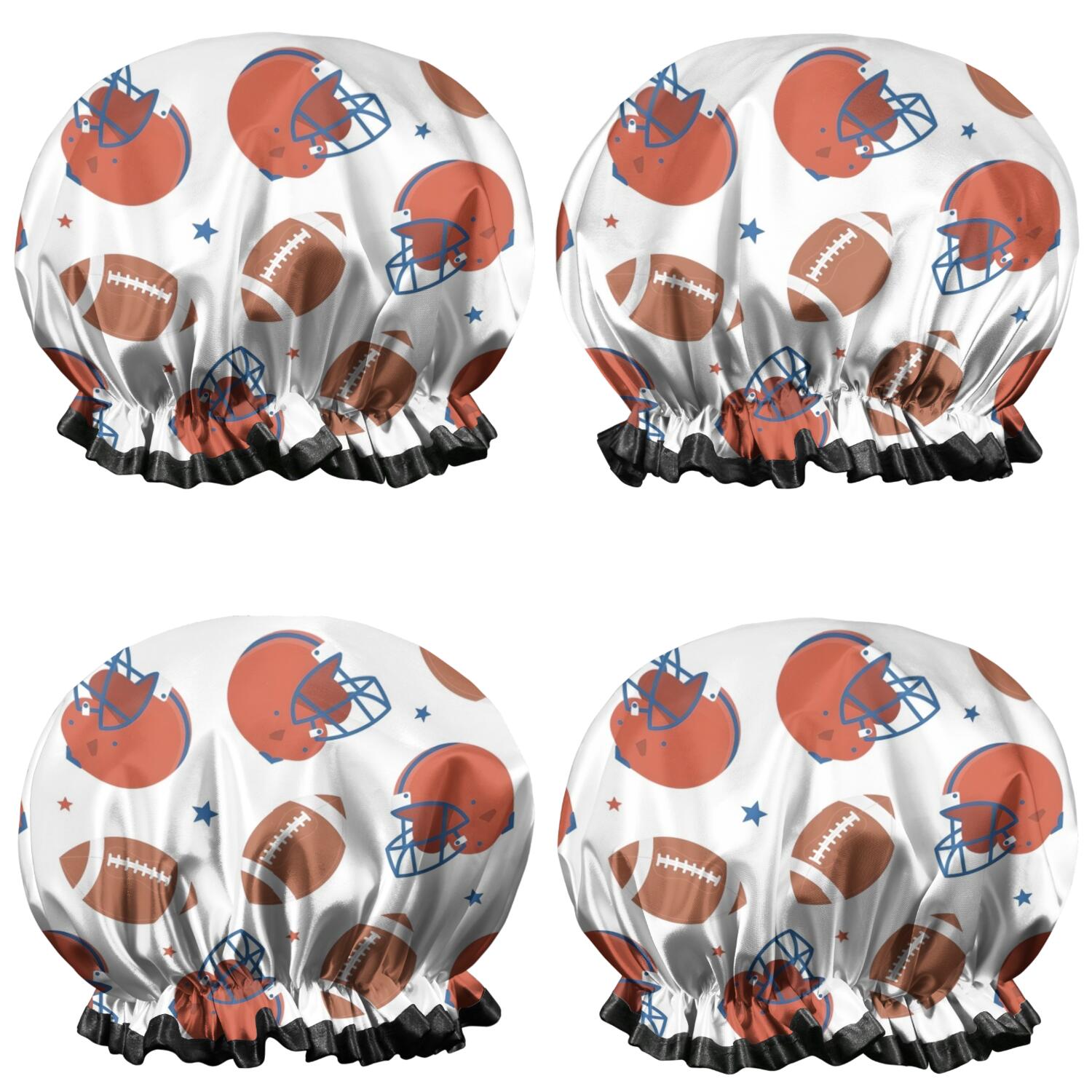 Shower Caps,White Background Football Helmets Pattern Waterproof Shower Cap for Women 4 Pieces,Double Reusable Hair Cover for Shower PEVA Elastic Stretch Hem