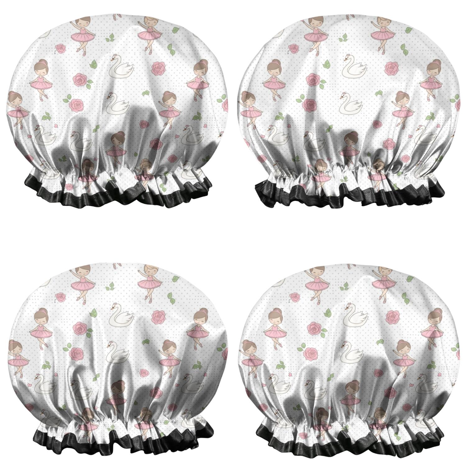 Shower Caps,White Ballerina Swan Pattern Waterproof Shower Cap for Women 4 Pieces,Double Reusable Hair Cover for Shower PEVA Elastic Stretch Hem