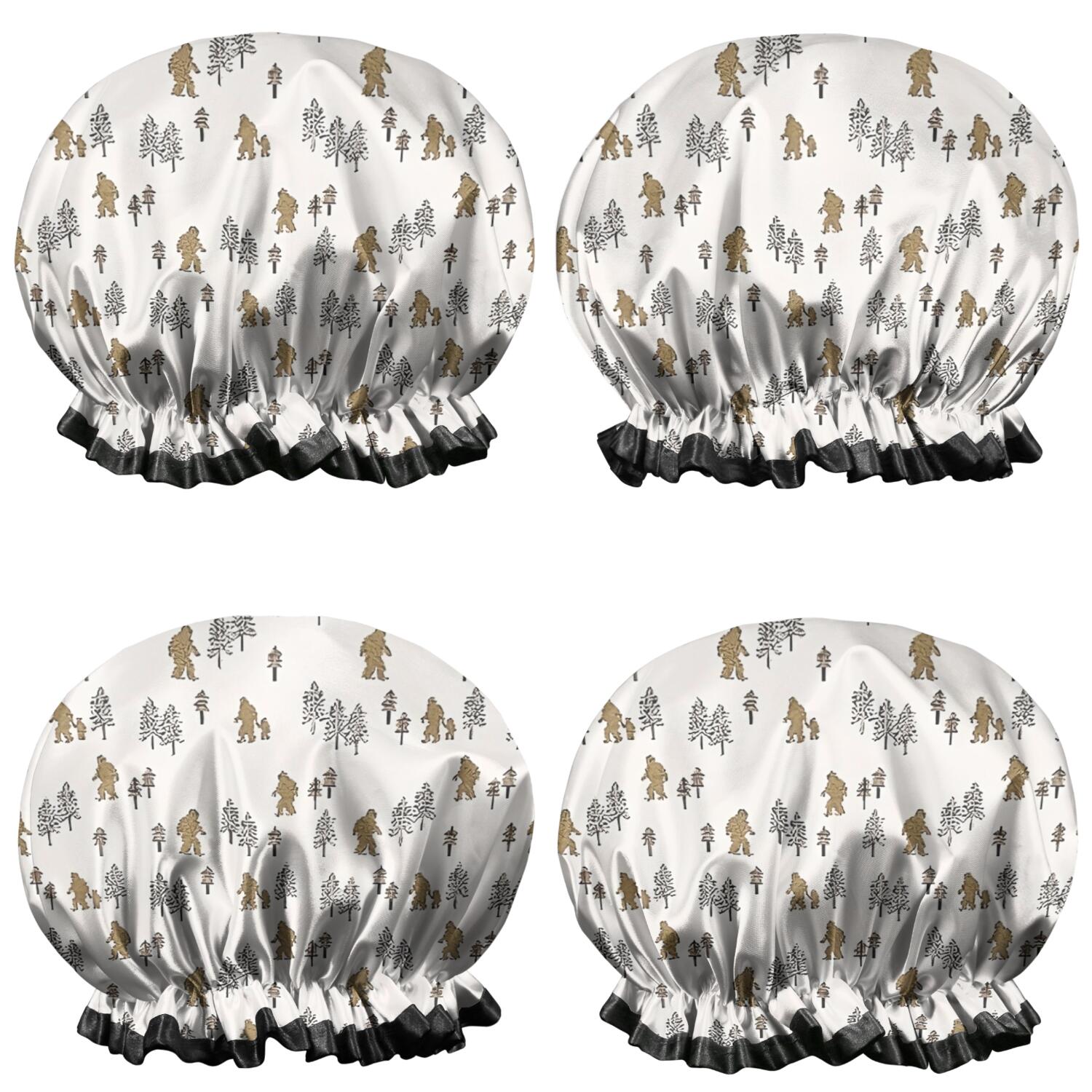 Shower Caps,White Bigfoot and Tree Pattern Waterproof Shower Cap for Women 4 Pieces,Double Reusable Hair Cover for Shower PEVA Elastic Stretch Hem