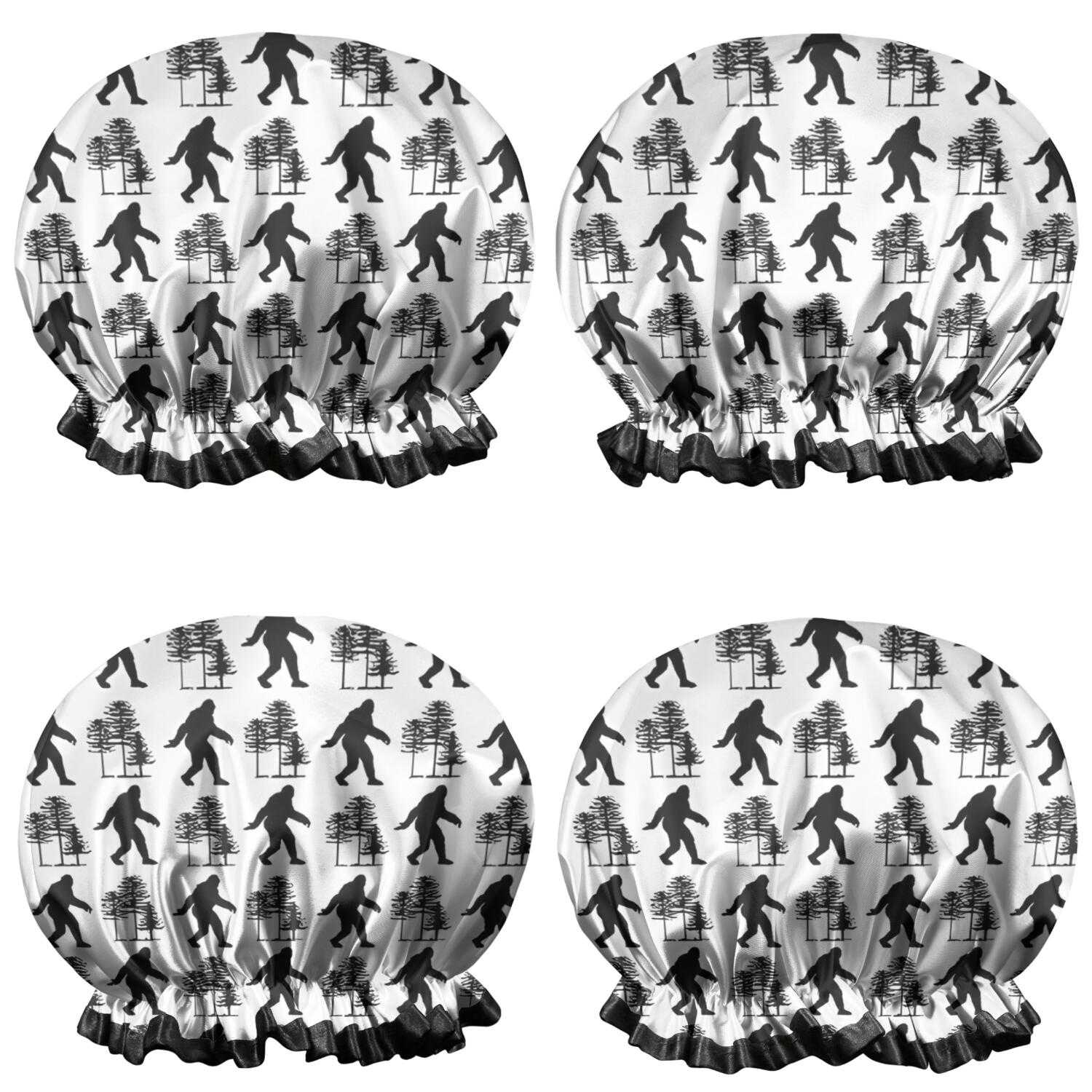 Shower Caps,White Bigfoot and Tree Pattern Waterproof Shower Cap for Women 4 Pieces,Double Reusable Hair Cover for Shower PEVA Elastic Stretch Hem