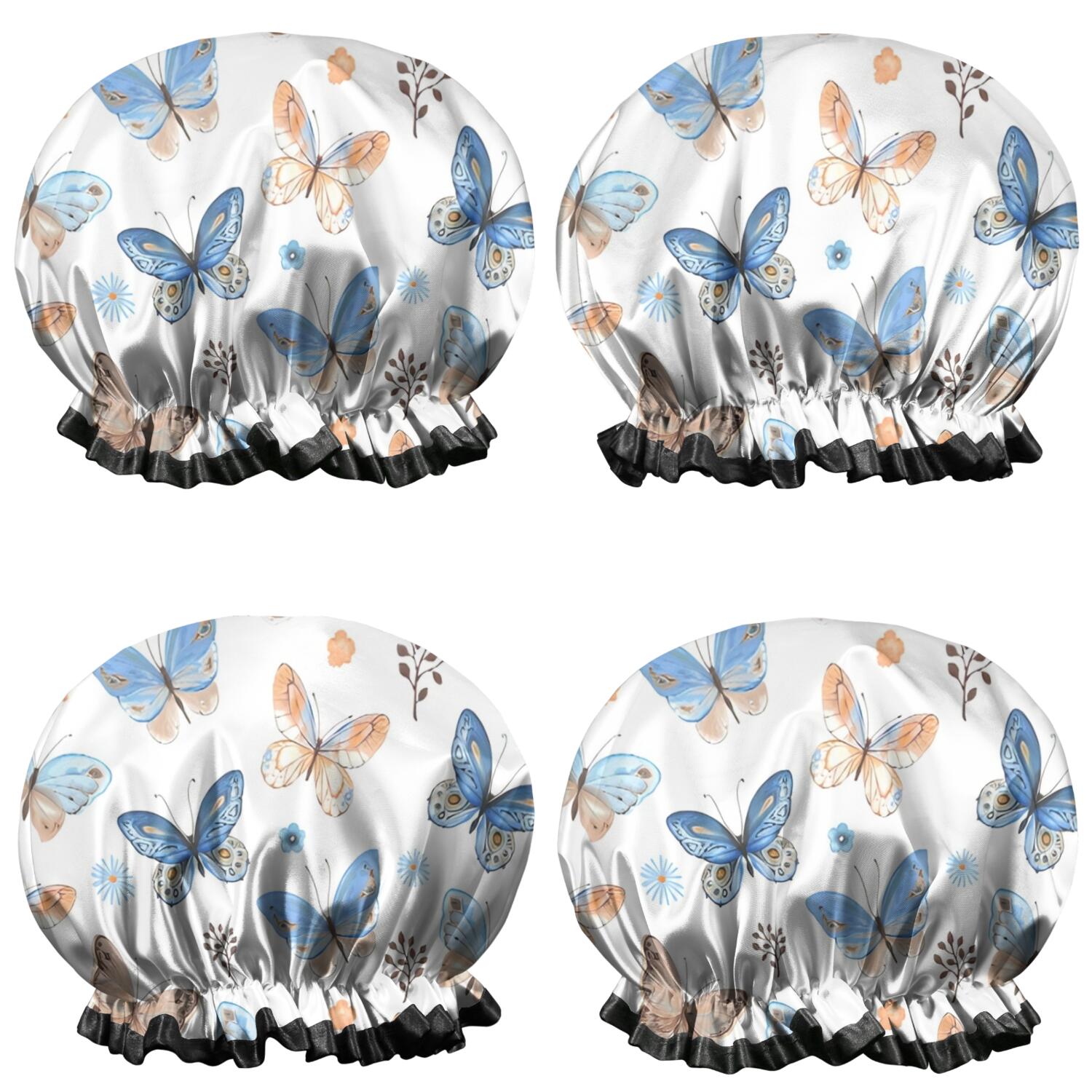 Shower Caps,White Blue Butterfly Flower Pattern Waterproof Shower Cap for Women 4 Pieces,Double Reusable Hair Cover for Shower PEVA Elastic Stretch Hem