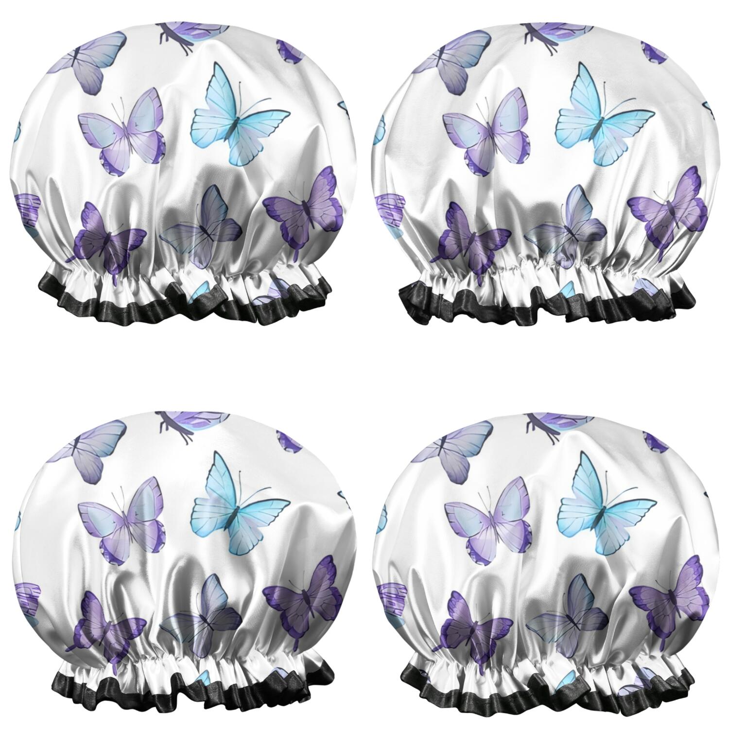 Shower Caps,White Blue Purple Butterfly Pattern Waterproof Shower Cap for Women 4 Pieces,Double Reusable Hair Cover for Shower PEVA Elastic Stretch Hem