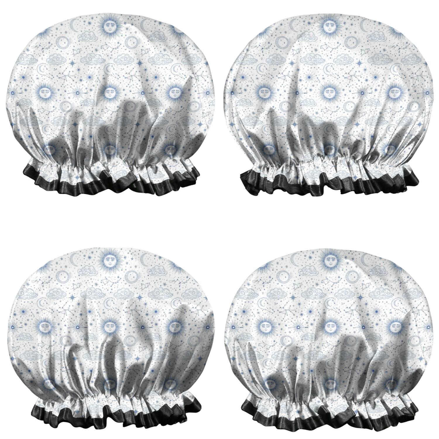 Shower Caps,White Blue Sun Moon Cloud Star Pattern Waterproof Shower Cap for Women 4 Pieces,Double Reusable Hair Cover for Shower PEVA Elastic Stretch Hem