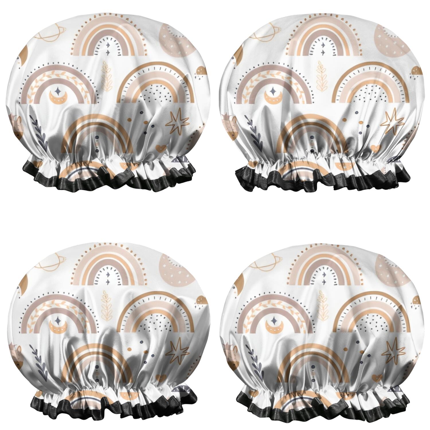 Shower Caps,White Boho Bohemia Rainbow Sun Moon Pattern Waterproof Shower Cap for Women 4 Pieces,Double Reusable Hair Cover for Shower PEVA Elastic Stretch Hem