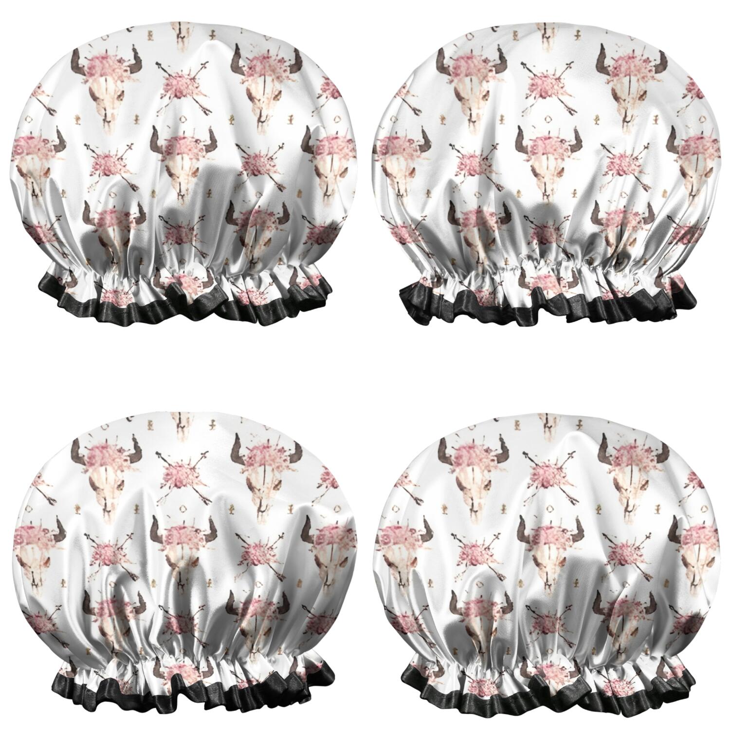 Shower Caps,White Buffalo Skull Flower Arrow Pattern Waterproof Shower Cap for Women 4 Pieces,Double Reusable Hair Cover for Shower PEVA Elastic Stretch Hem