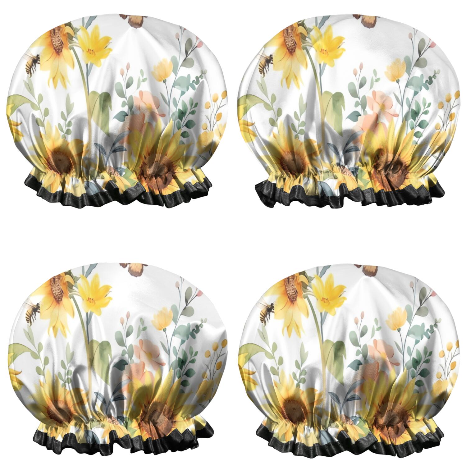 Shower Caps,White Butterfly Bee Sunflower Pattern Waterproof Shower Cap for Women 4 Pieces,Double Reusable Hair Cover for Shower PEVA Elastic Stretch Hem