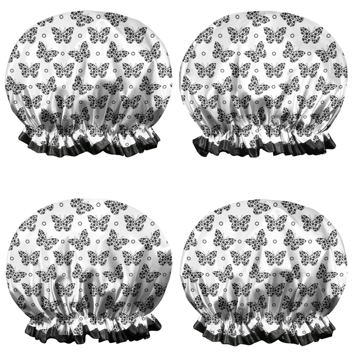 Shower Caps,White Butterfly Black Dot Pattern Waterproof Shower Cap for Women 4 Pieces,Double Reusable Hair Cover for Shower PEVA Elastic Stretch Hem
