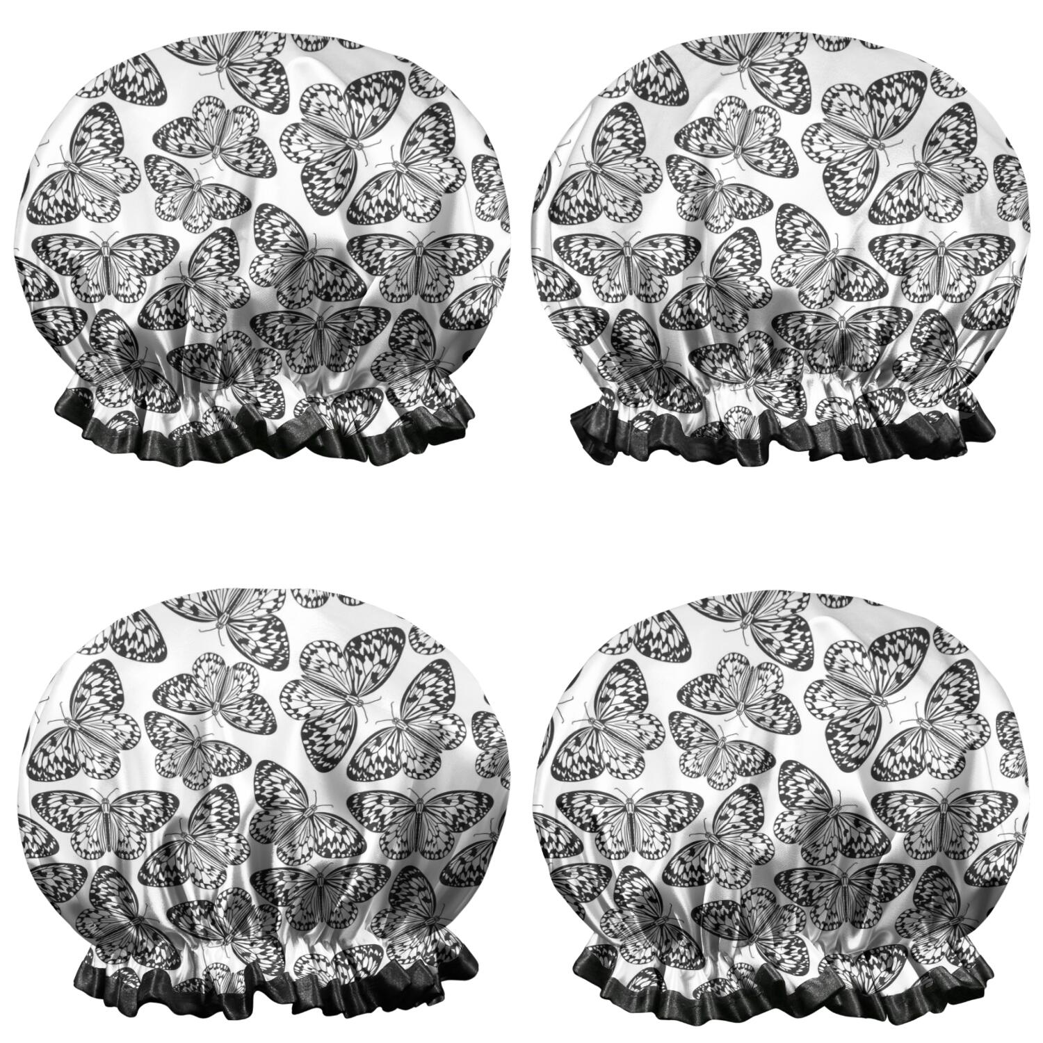 Shower Caps,White Butterfly Black Pattern Waterproof Shower Cap for Women 4 Pieces,Double Reusable Hair Cover for Shower PEVA Elastic Stretch Hem