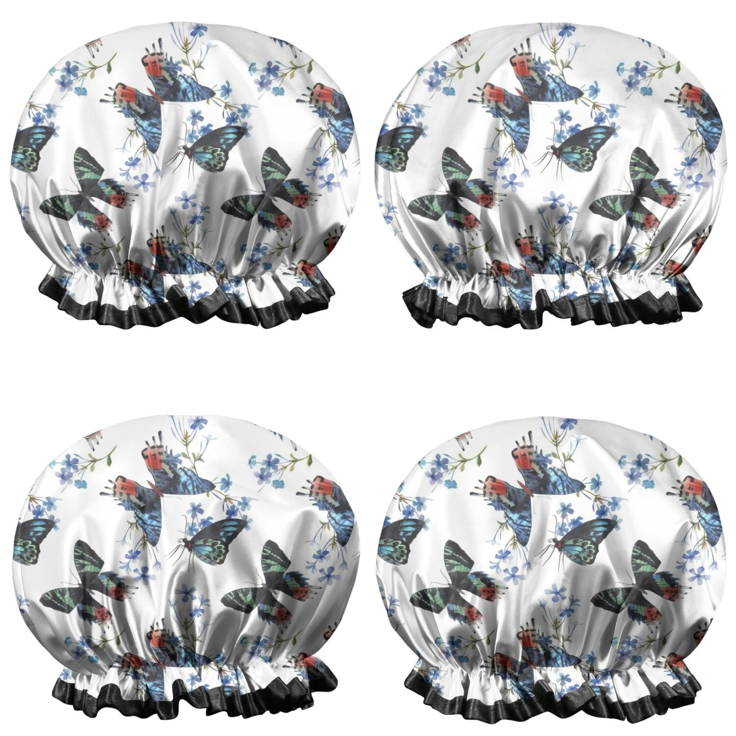 Shower Caps,White Butterfly Blue Flower Pattern Waterproof Shower Cap for Women 4 Pieces,Double Reusable Hair Cover for Shower PEVA Elastic Stretch Hem