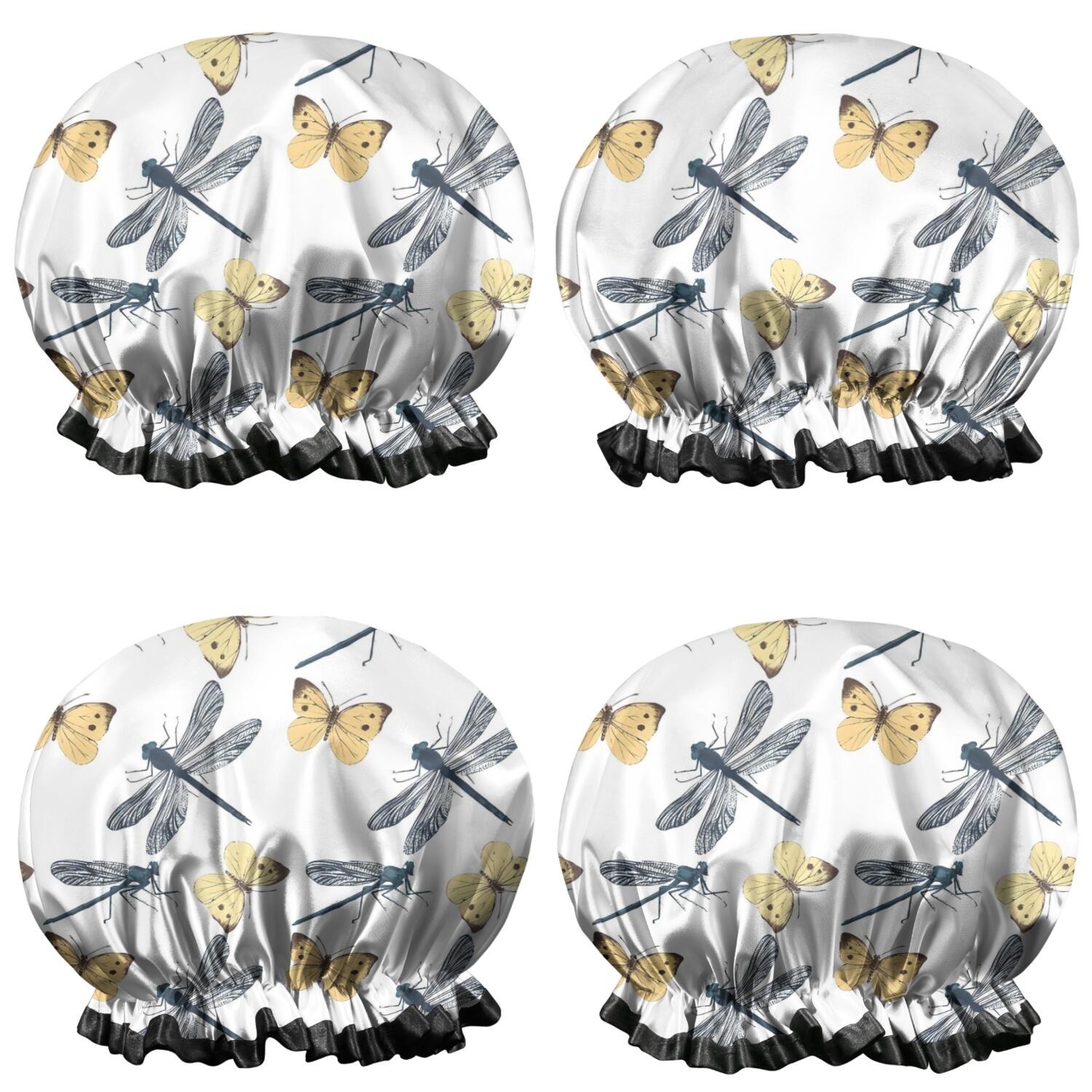 Shower Caps,White Butterfly Dragonfly Pattern Waterproof Shower Cap for Women 4 Pieces,Double Reusable Hair Cover for Shower PEVA Elastic Stretch Hem