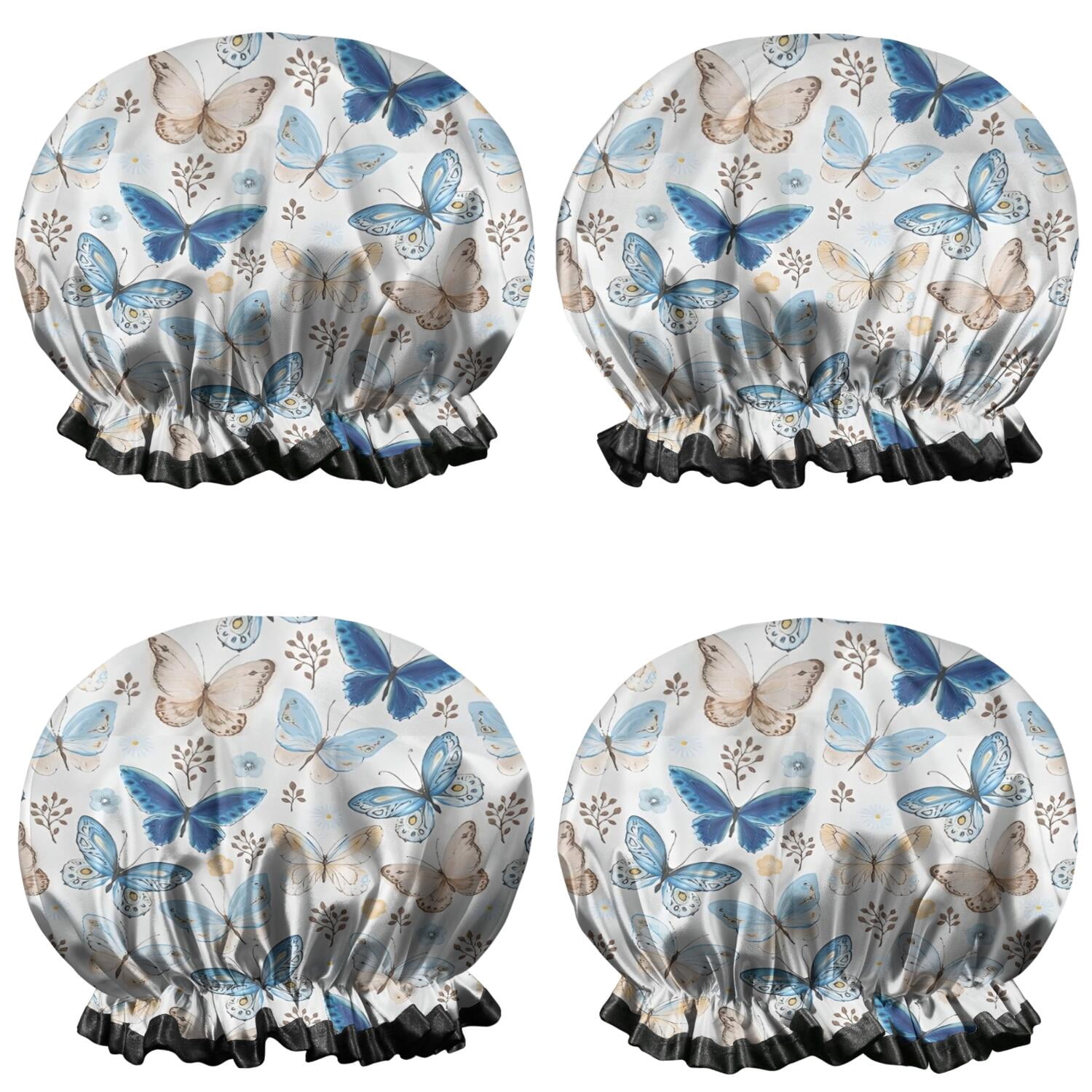 Shower Caps,White Butterfly Flower Pattern Waterproof Shower Cap for Women 4 Pieces,Double Reusable Hair Cover for Shower PEVA Elastic Stretch Hem