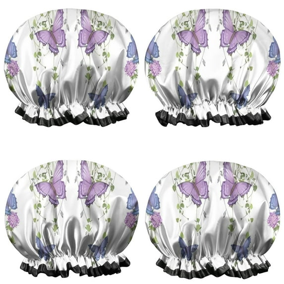 Shower Caps,White Butterfly Flower Pattern Waterproof Shower Cap for Women 4 Pieces,Double Reusable Hair Cover for Shower PEVA Elastic Stretch Hem