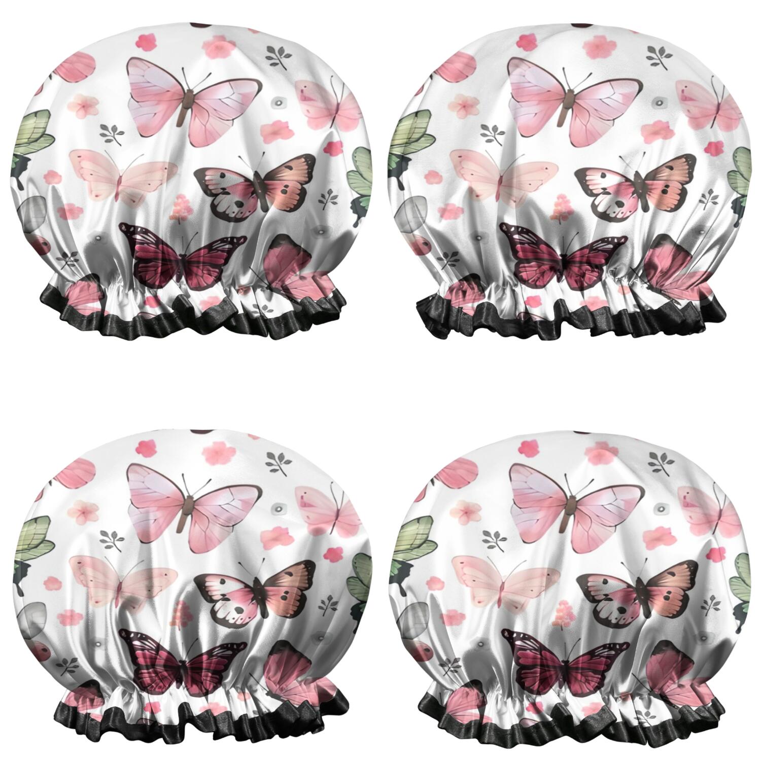Shower Caps,White Butterfly Pattern Waterproof Shower Cap for Women 4 Pieces,Double Reusable Hair Cover for Shower PEVA Elastic Stretch Hem