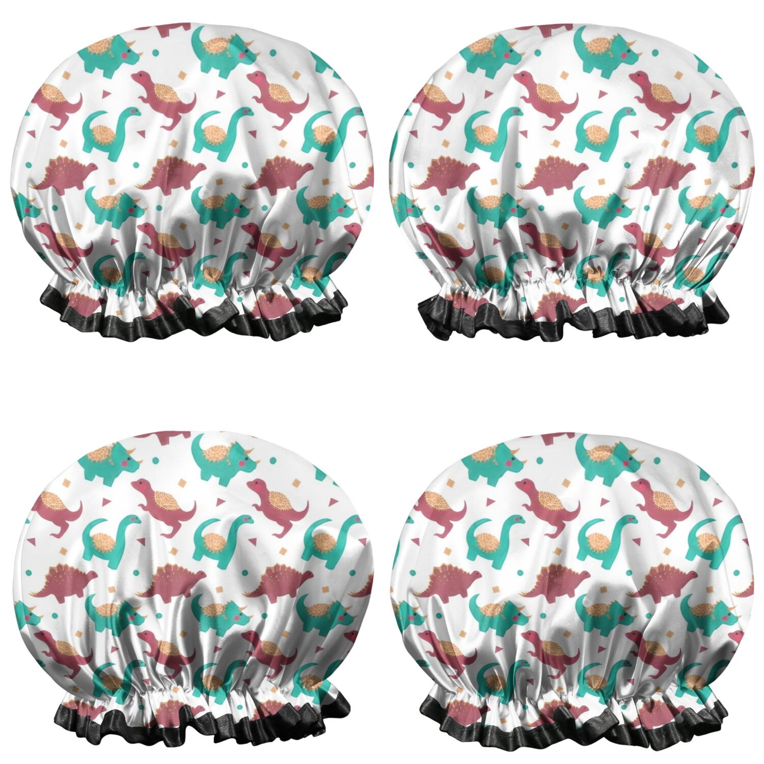 Shower Caps,White Cartoon Cute Dinosaurs Pattern Waterproof Shower Cap for Women 4 Pieces,Double Reusable Hair Cover for Shower PEVA Elastic Stretch Hem