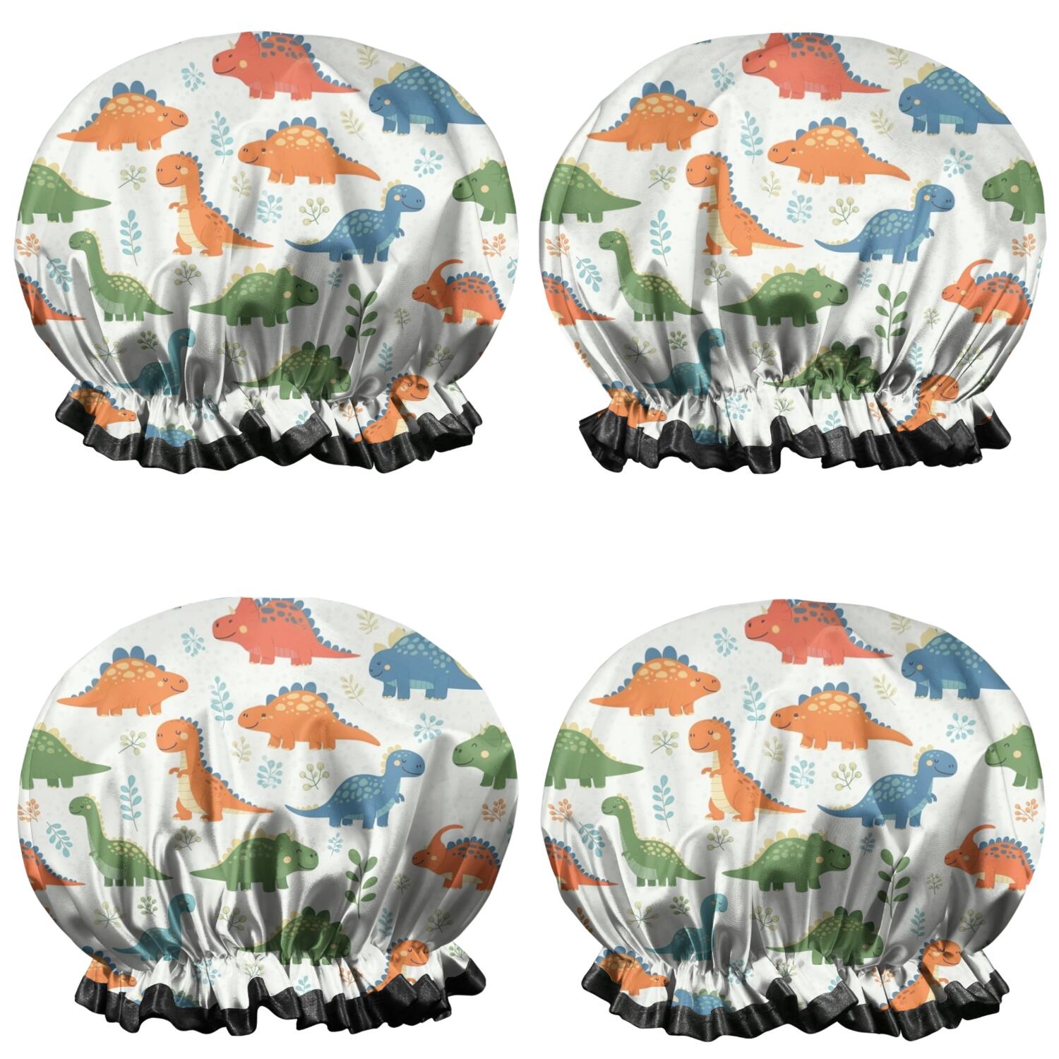 Shower Caps,White Cartoon Cute Dinosaurs Pattern Waterproof Shower Cap for Women 4 Pieces,Double Reusable Hair Cover for Shower PEVA Elastic Stretch Hem