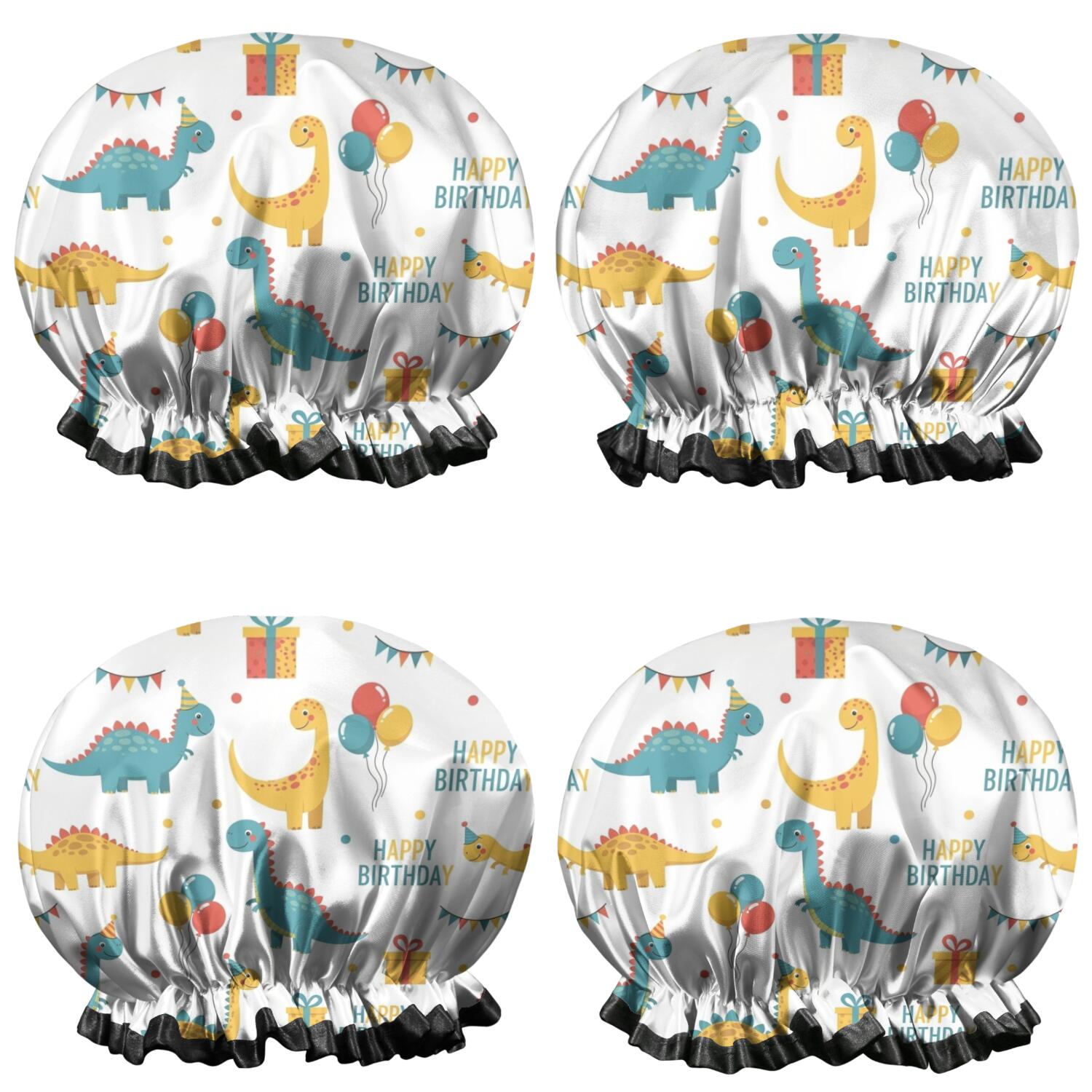 Shower Caps,White Cartoon Dinosaurs Birthday Pattern Waterproof Shower Cap for Women 4 Pieces,Double Reusable Hair Cover for Shower PEVA Elastic Stretch Hem