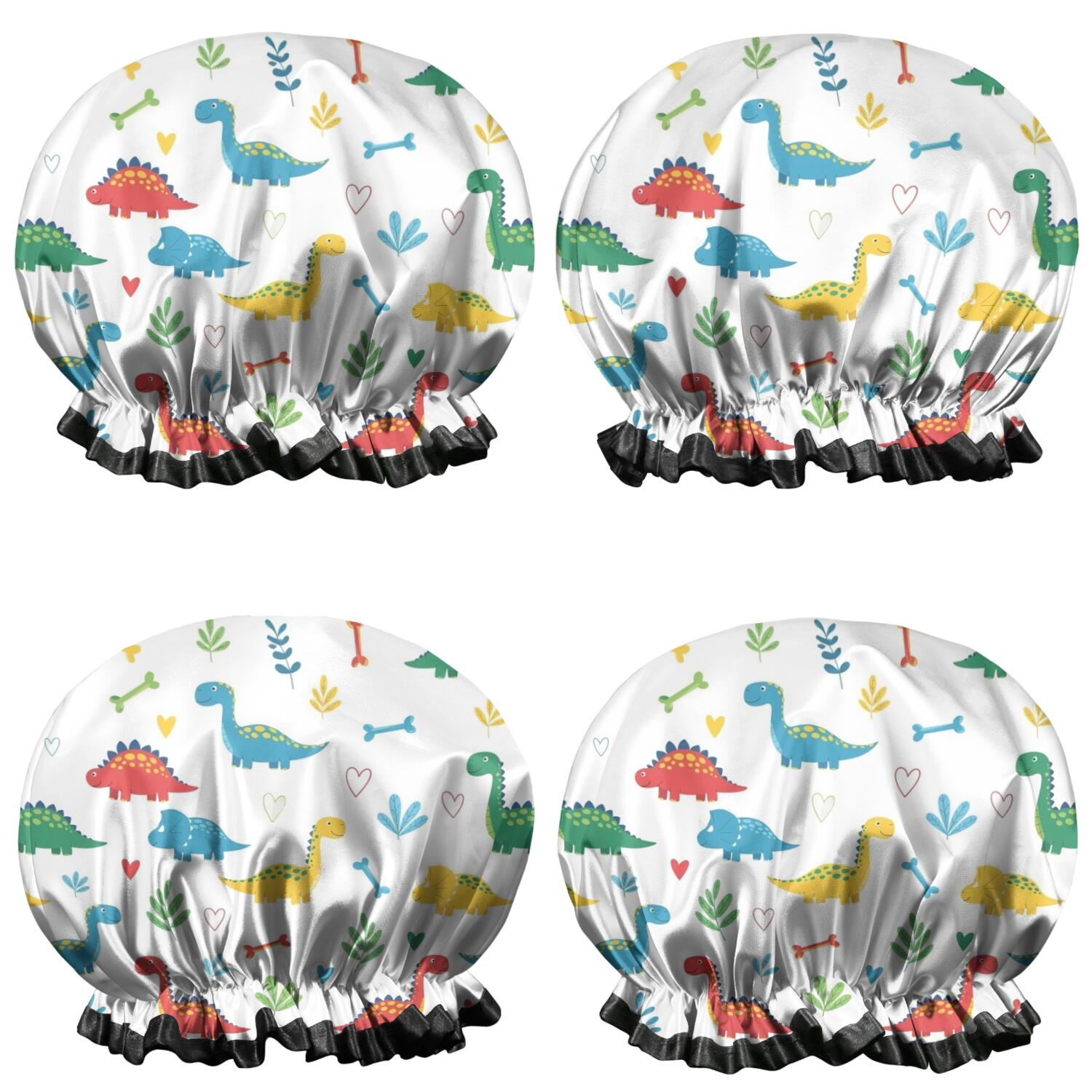Shower Caps,White Cartoon Dinosaurs Bones Leaves Pattern Waterproof Shower Cap for Women 4 Pieces,Double Reusable Hair Cover for Shower PEVA Elastic Stretch Hem