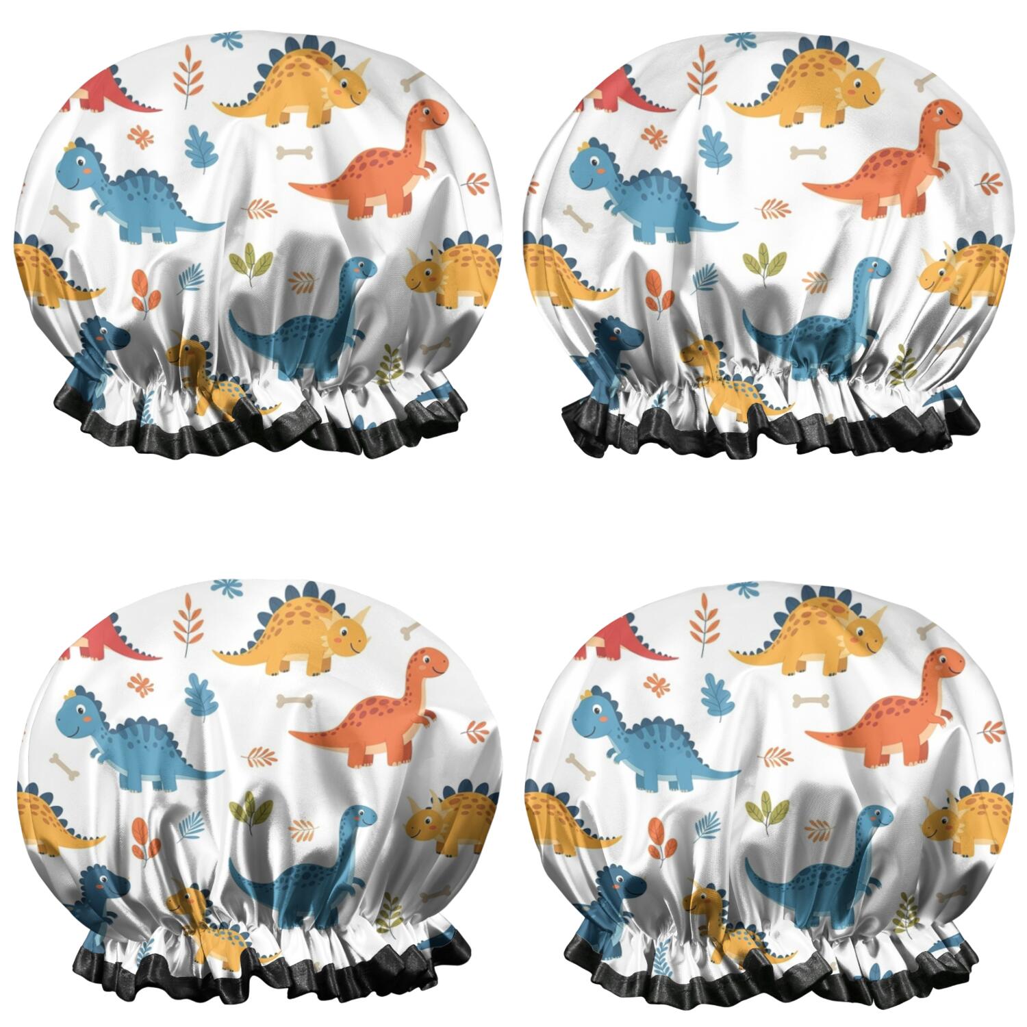 Shower Caps,White Cartoon Dinosaurs Bones Pattern Waterproof Shower Cap for Women 4 Pieces,Double Reusable Hair Cover for Shower PEVA Elastic Stretch Hem