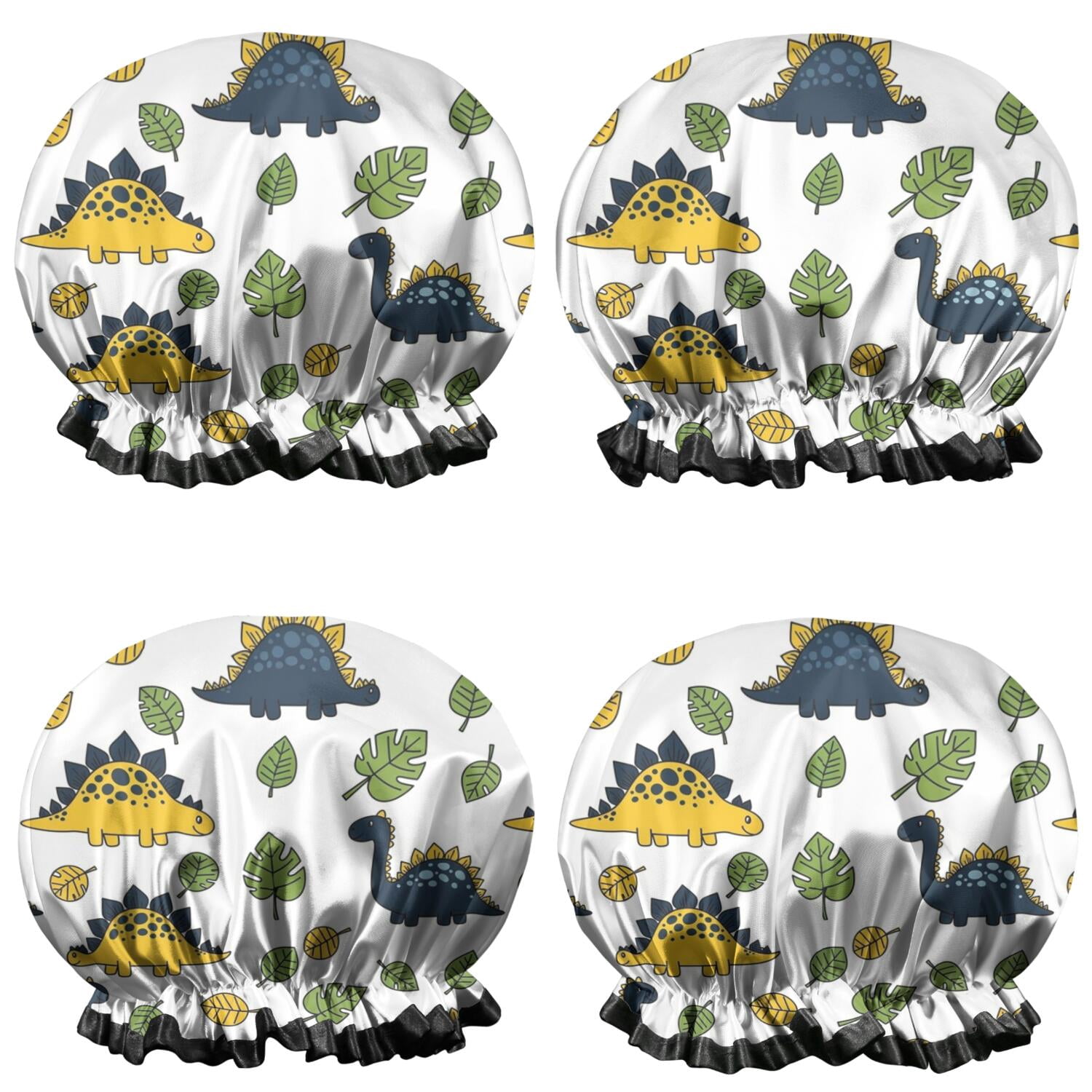 Shower Caps,White Cartoon Dinosaurs Green Yellow Leaves Pattern Waterproof Shower Cap for Women 4 Pieces,Double Reusable Hair Cover for Shower PEVA Elastic Stretch Hem