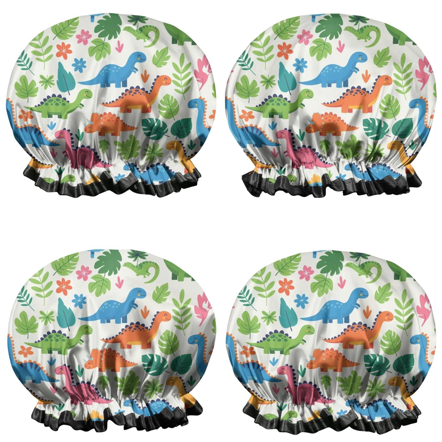 Shower Caps,White Cartoon Dinosaurs Jungle Pattern Waterproof Shower Cap for Women 4 Pieces,Double Reusable Hair Cover for Shower PEVA Elastic Stretch Hem