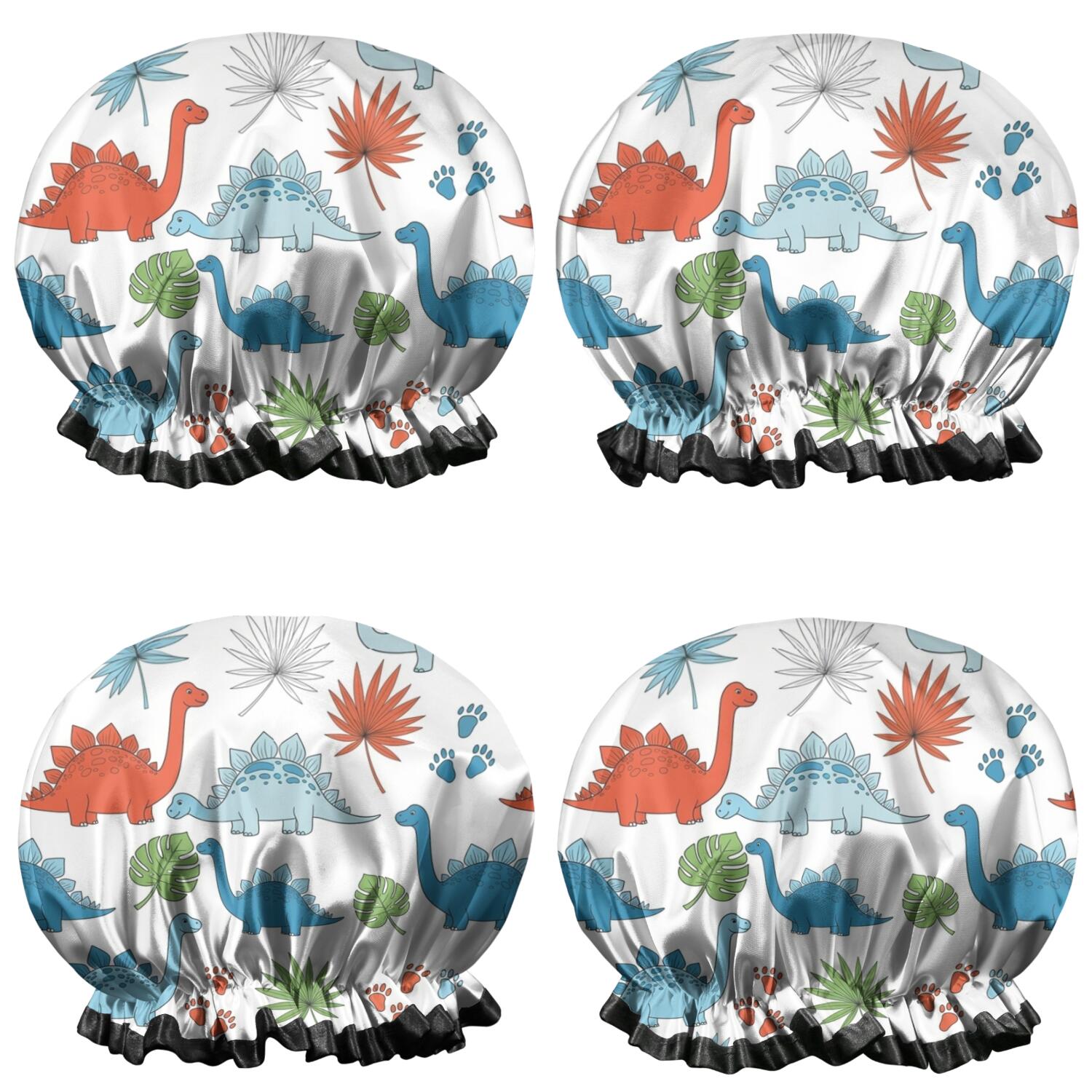 Shower Caps,White Cartoon Dinosaurs Leaves Footprints Pattern Waterproof Shower Cap for Women 4 Pieces,Double Reusable Hair Cover for Shower PEVA Elastic Stretch Hem