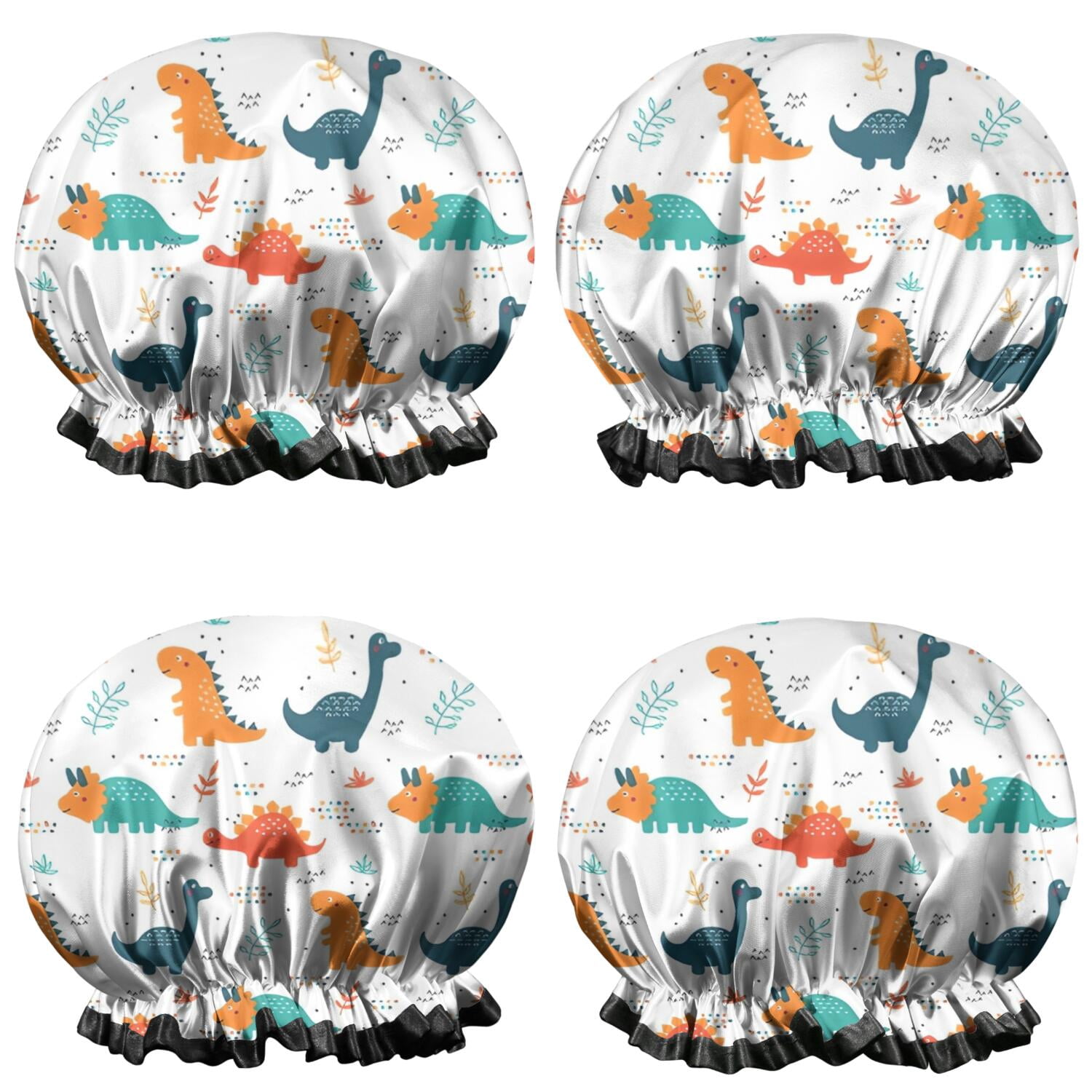 Shower Caps,White Cartoon Dinosaurs Pattern Waterproof Shower Cap for Women 4 Pieces,Double Reusable Hair Cover for Shower PEVA Elastic Stretch Hem