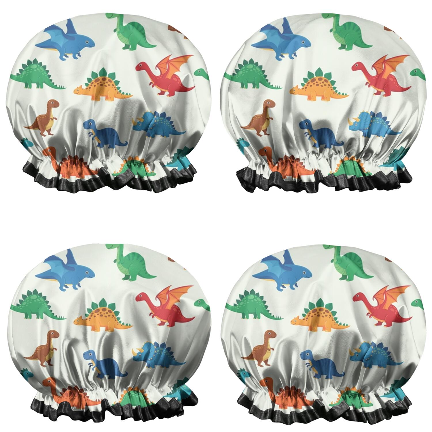 Shower Caps,White Cartoon Dinosaurs Pattern Waterproof Shower Cap for Women 4 Pieces,Double Reusable Hair Cover for Shower PEVA Elastic Stretch Hem