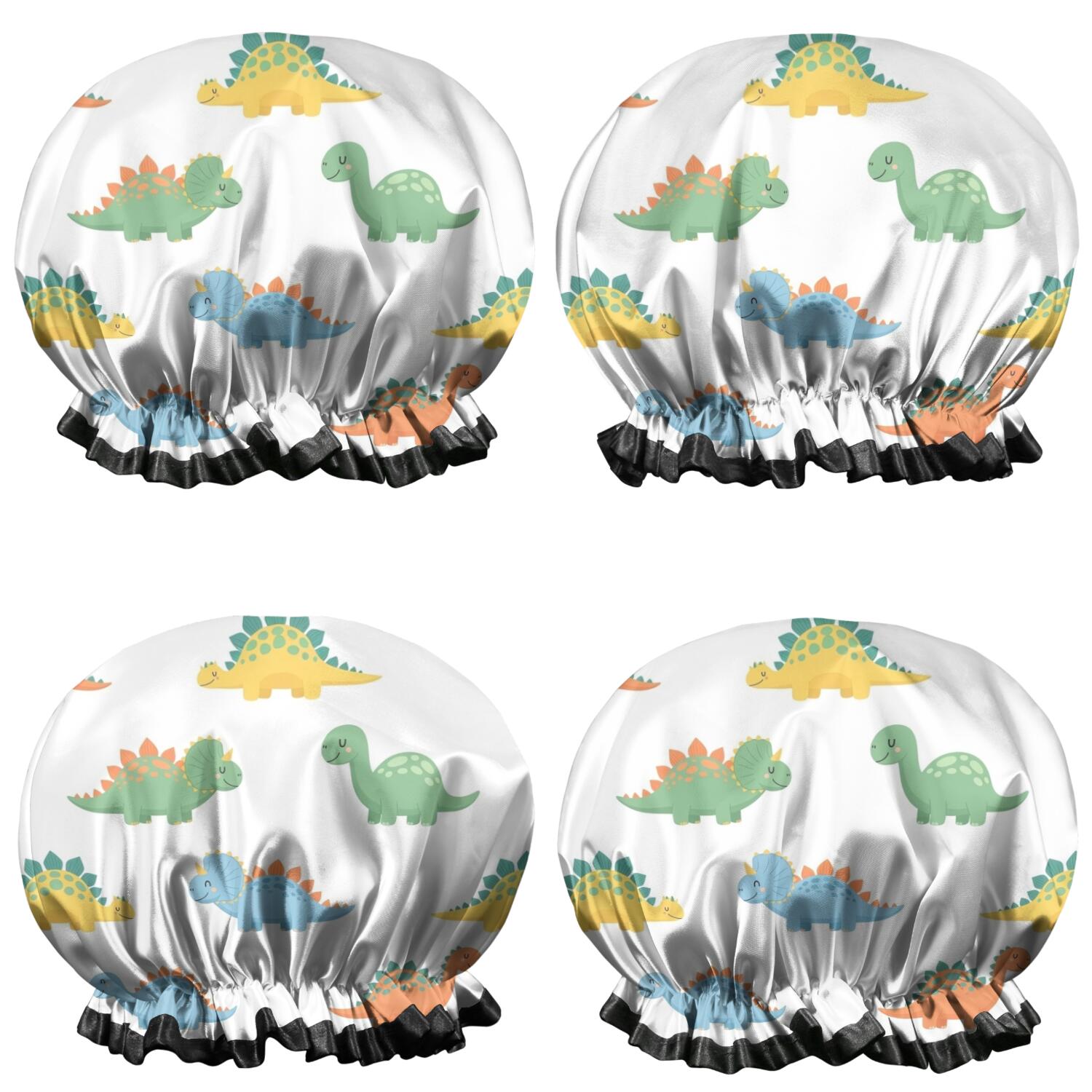 Shower Caps,White Cartoon Dinosaurs Pattern Waterproof Shower Cap for Women 4 Pieces,Double Reusable Hair Cover for Shower PEVA Elastic Stretch Hem