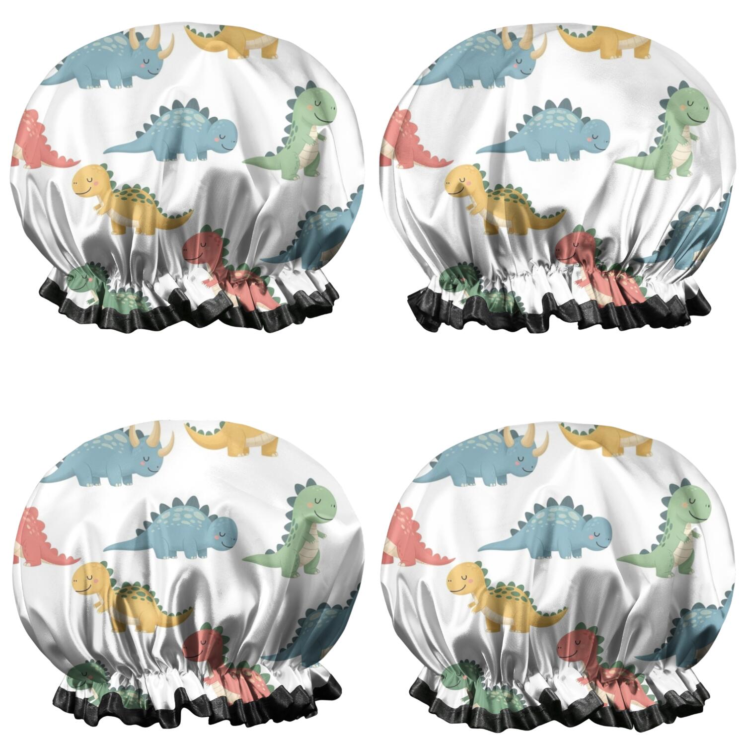 Shower Caps,White Cartoon Dinosaurs Pattern Waterproof Shower Cap for Women 4 Pieces,Double Reusable Hair Cover for Shower PEVA Elastic Stretch Hem