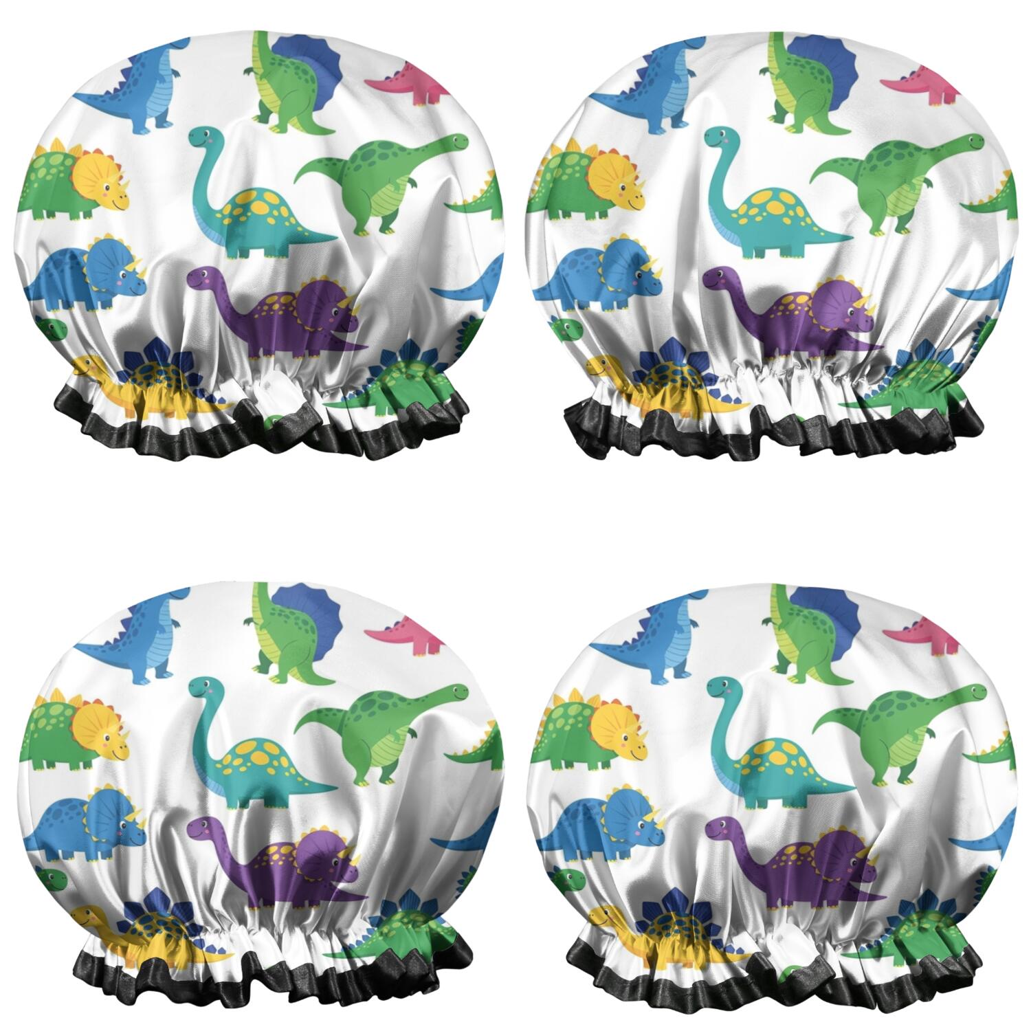 Shower Caps,White Cartoon Dinosaurs Pattern Waterproof Shower Cap for Women 4 Pieces,Double Reusable Hair Cover for Shower PEVA Elastic Stretch Hem
