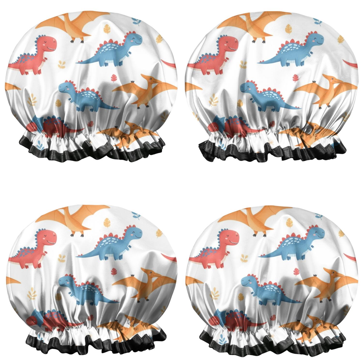 Shower Caps,White Cartoon Dinosaurs Pterosaurs Pattern Waterproof Shower Cap for Women 4 Pieces,Double Reusable Hair Cover for Shower PEVA Elastic Stretch Hem