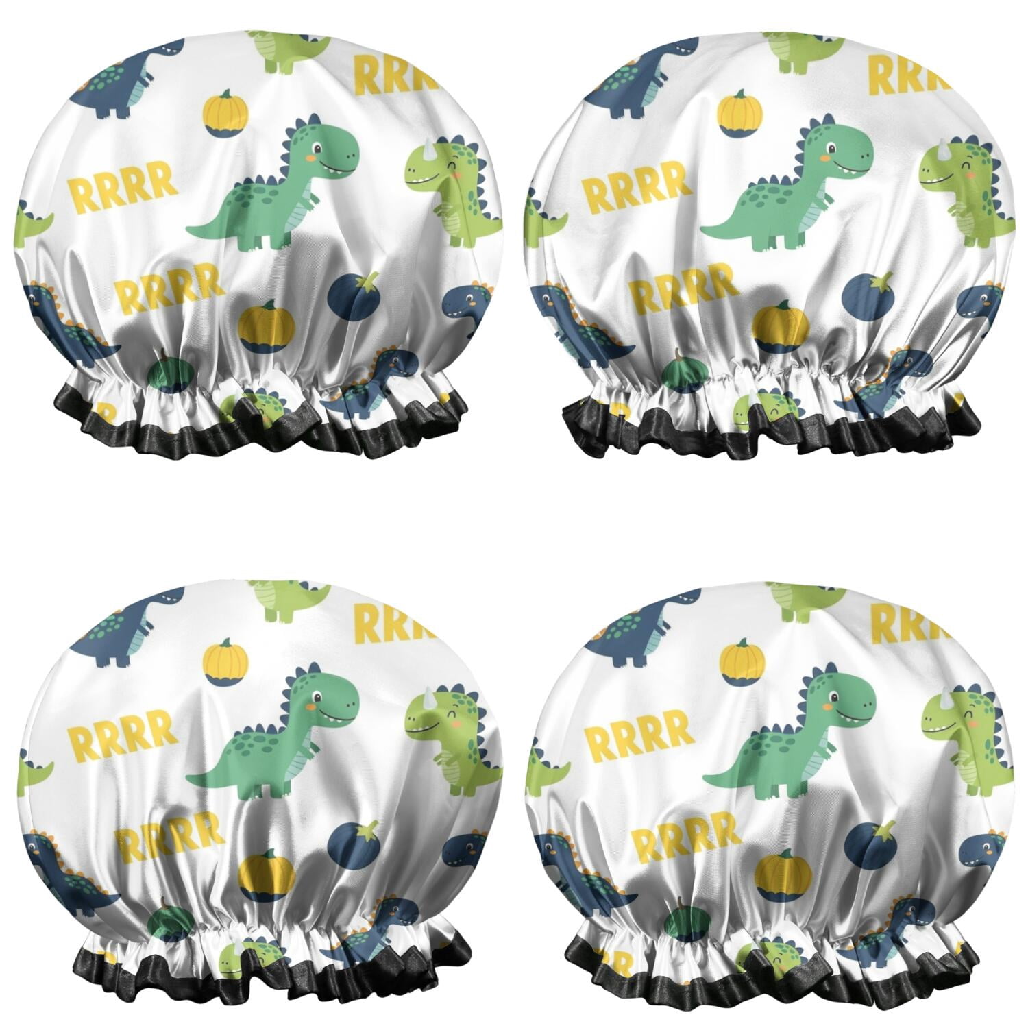 Shower Caps,White Cartoon Dinosaurs Pumpkins Pattern Waterproof Shower Cap for Women 4 Pieces,Double Reusable Hair Cover for Shower PEVA Elastic Stretch Hem