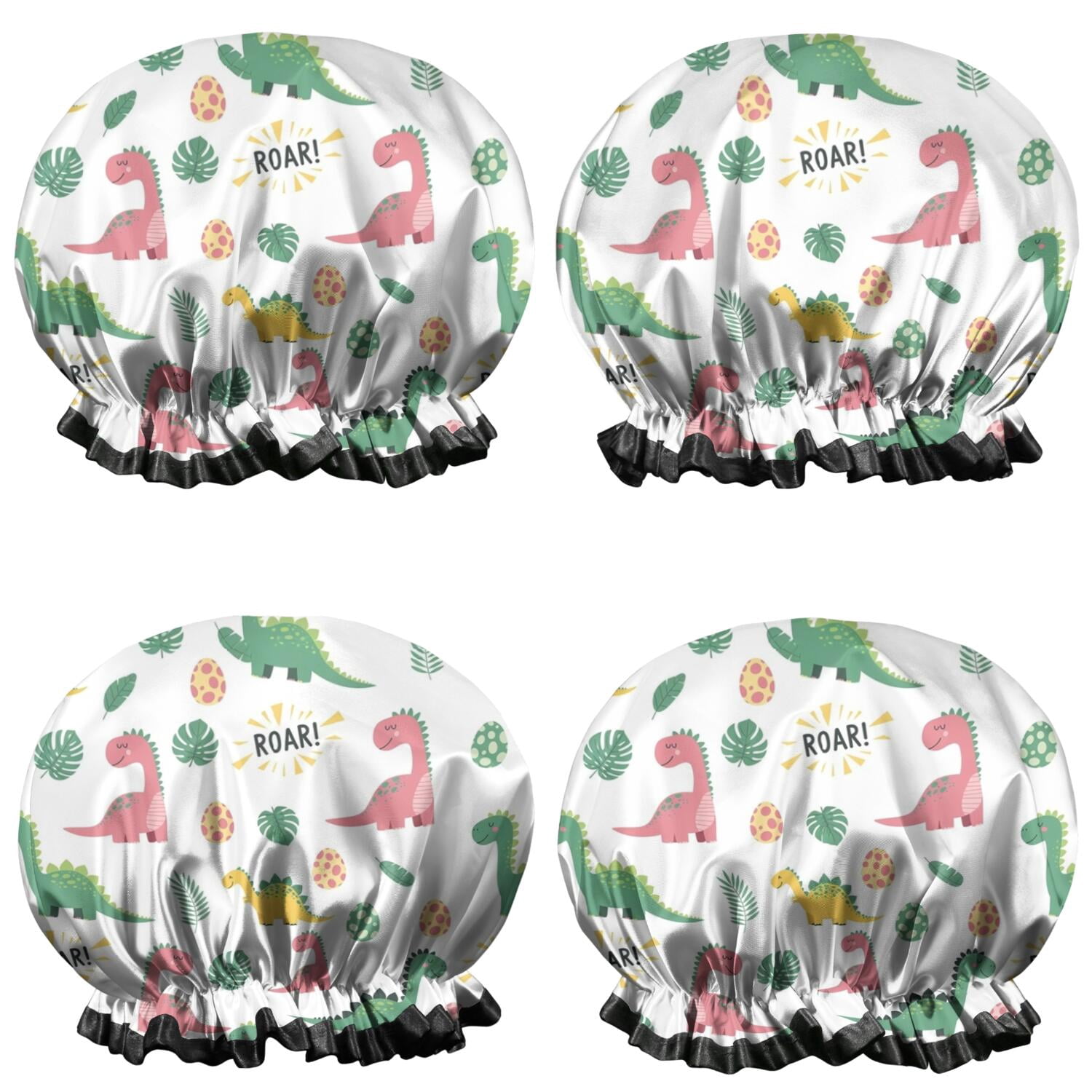 Shower Caps,White Cartoon Dinosaurs Roar Pattern Waterproof Shower Cap for Women 4 Pieces,Double Reusable Hair Cover for Shower PEVA Elastic Stretch Hem